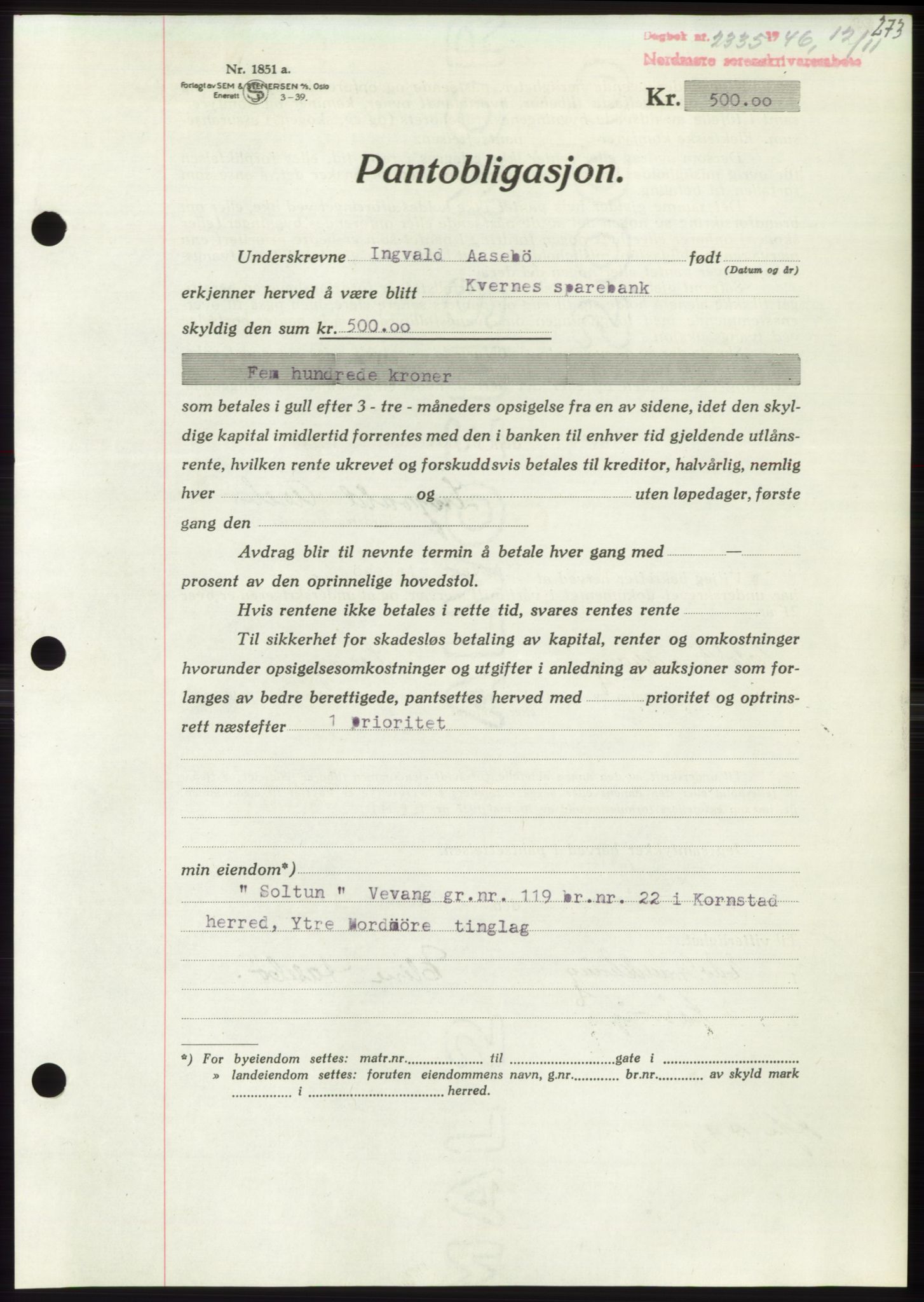 Nordmøre sorenskriveri, SAT/A-4132/1/2/2Ca: Pantebok nr. B95, 1946-1947, Dagboknr: 2335/1946