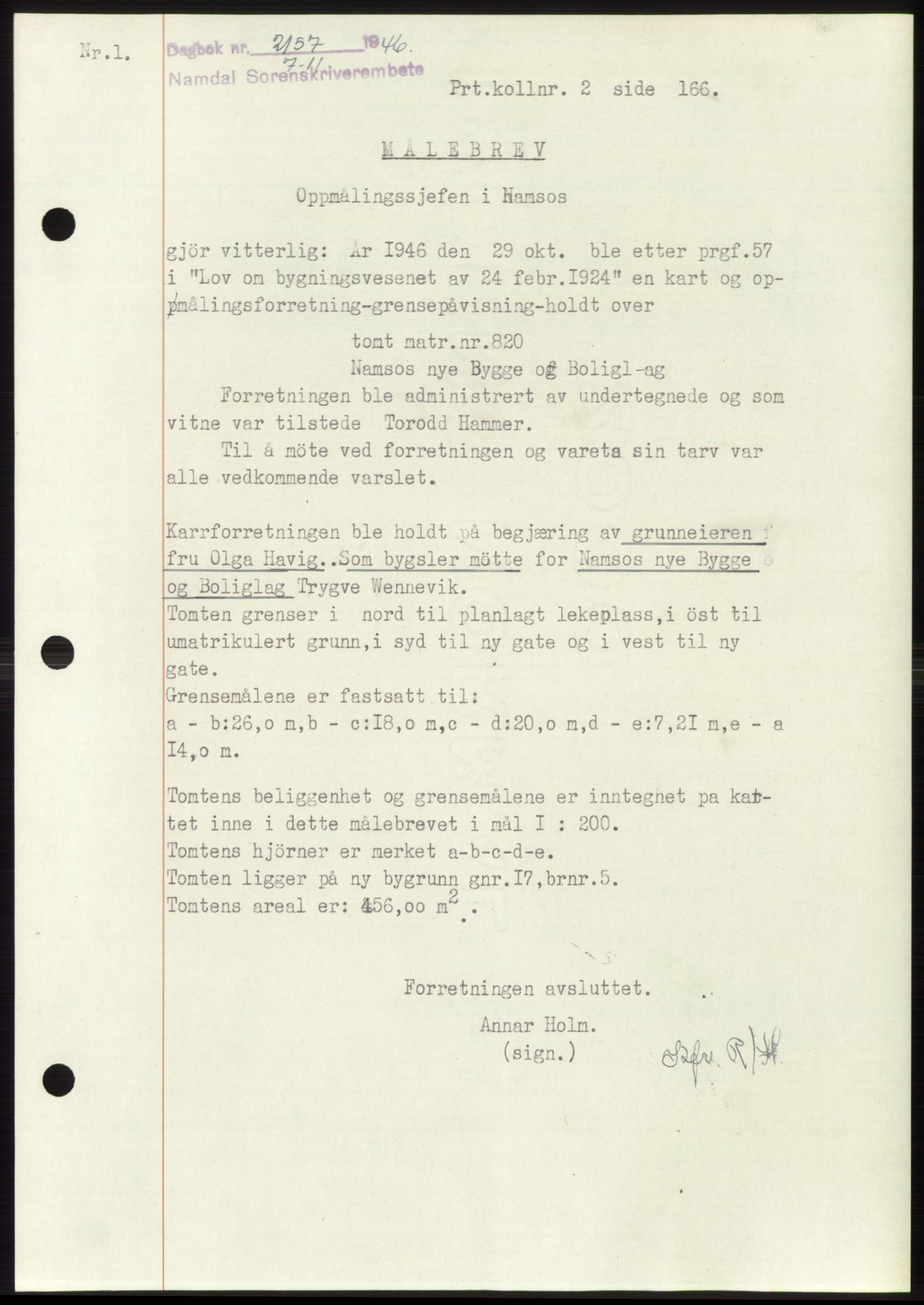 Namdal sorenskriveri, SAT/A-4133/1/2/2C: Pantebok nr. -, 1946-1947, Dagboknr: 2157/1946