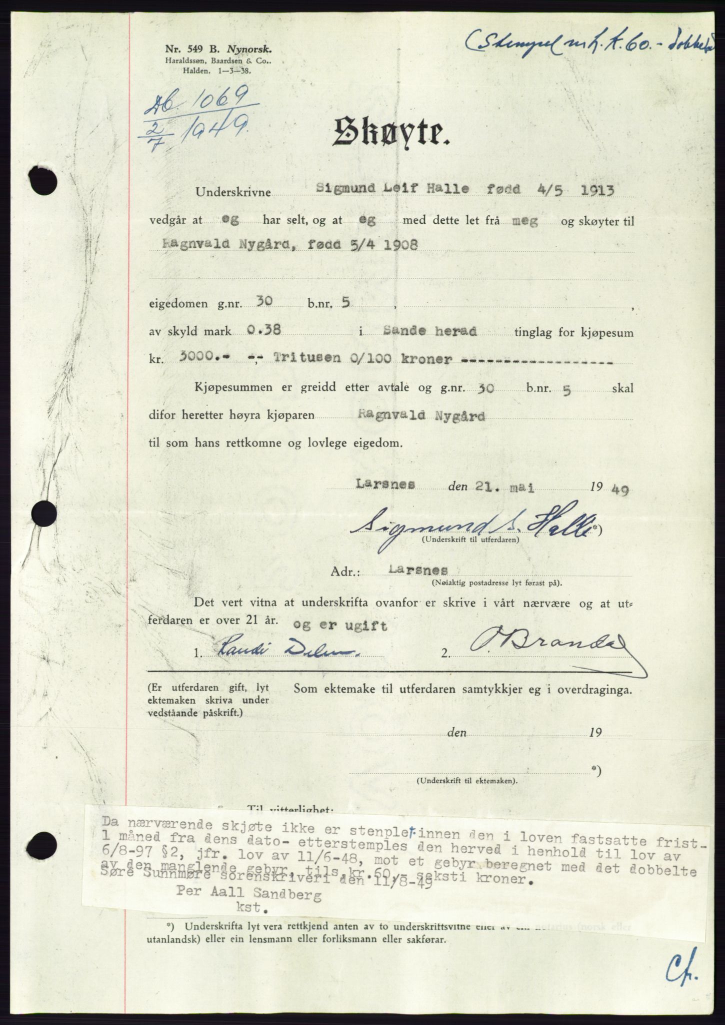 Søre Sunnmøre sorenskriveri, AV/SAT-A-4122/1/2/2C/L0084: Pantebok nr. 10A, 1949-1949, Dagboknr: 1069/1949