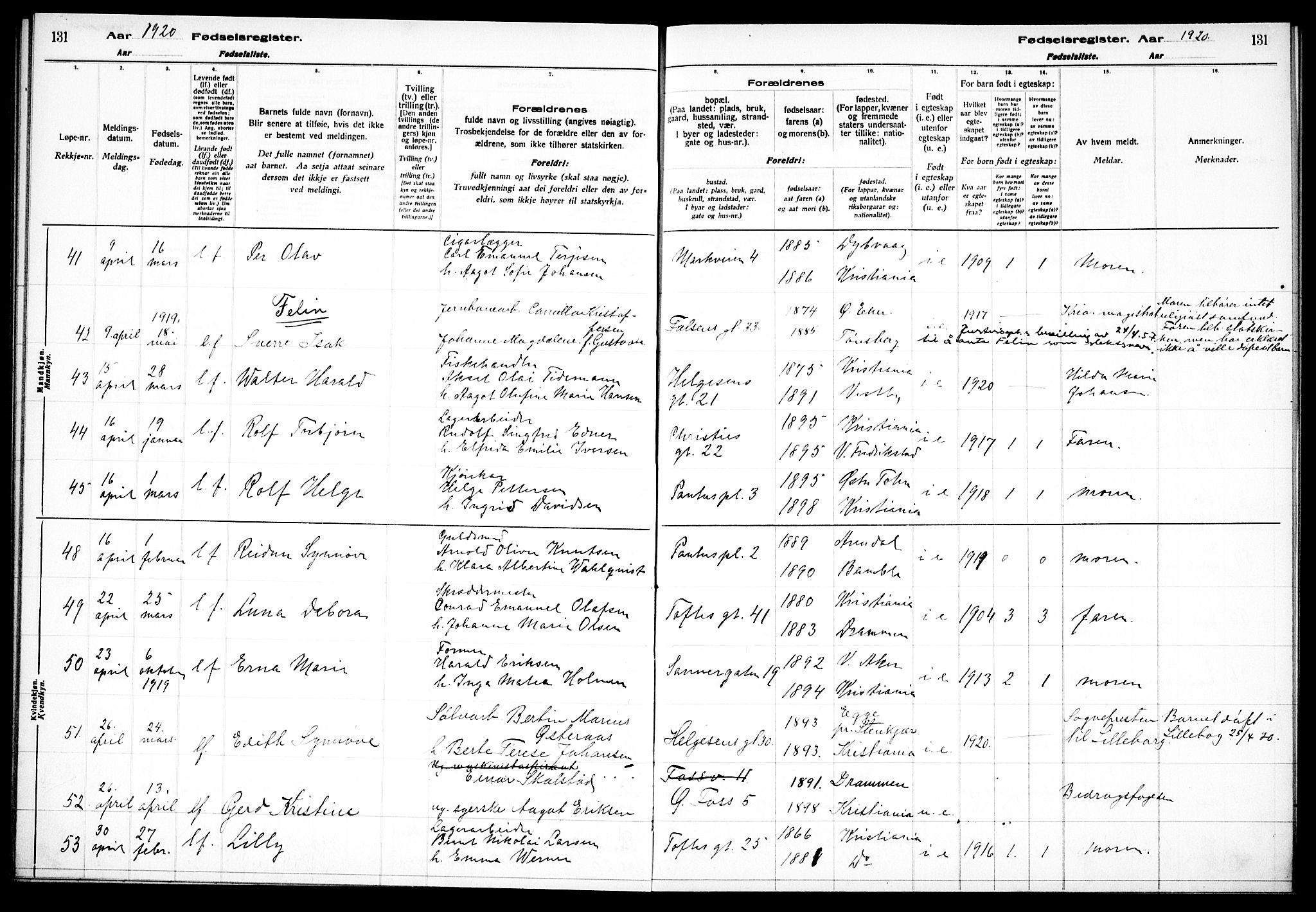 Paulus prestekontor Kirkebøker, AV/SAO-A-10871/J/Ja/L0001: Fødselsregister nr. 1, 1916-1923, s. 131