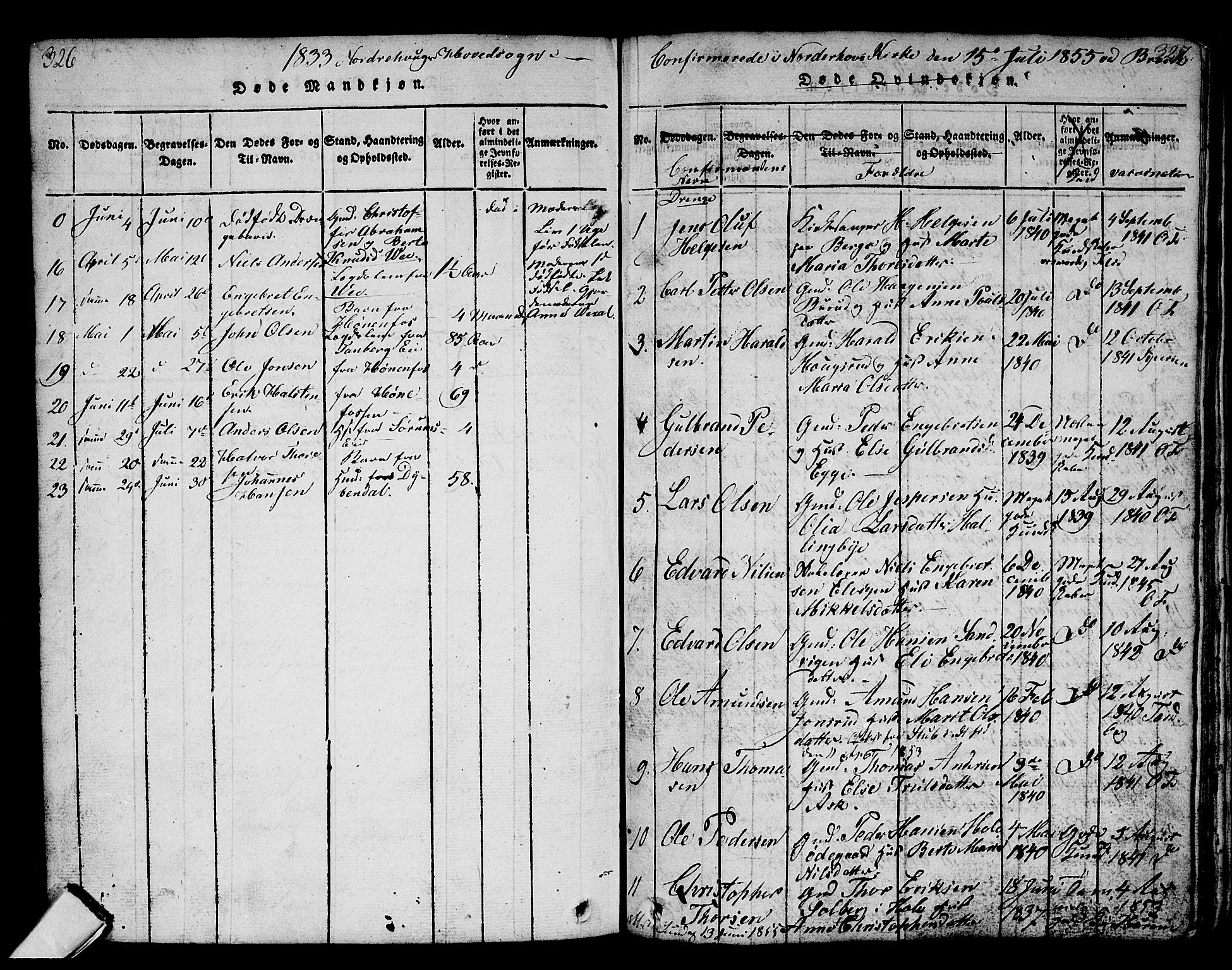 Norderhov kirkebøker, AV/SAKO-A-237/G/Ga/L0002: Klokkerbok nr. I 2, 1814-1867, s. 326-327