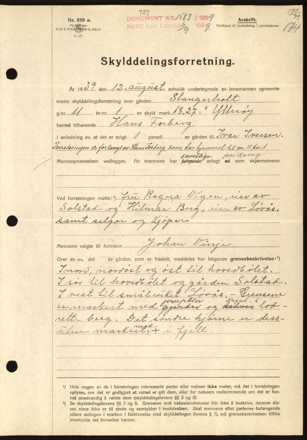 Inderøy sorenskriveri, SAT/A-4147/1/2/2C: Pantebok nr. Y1, 1936-1950, Dagboknr: 1583/1939