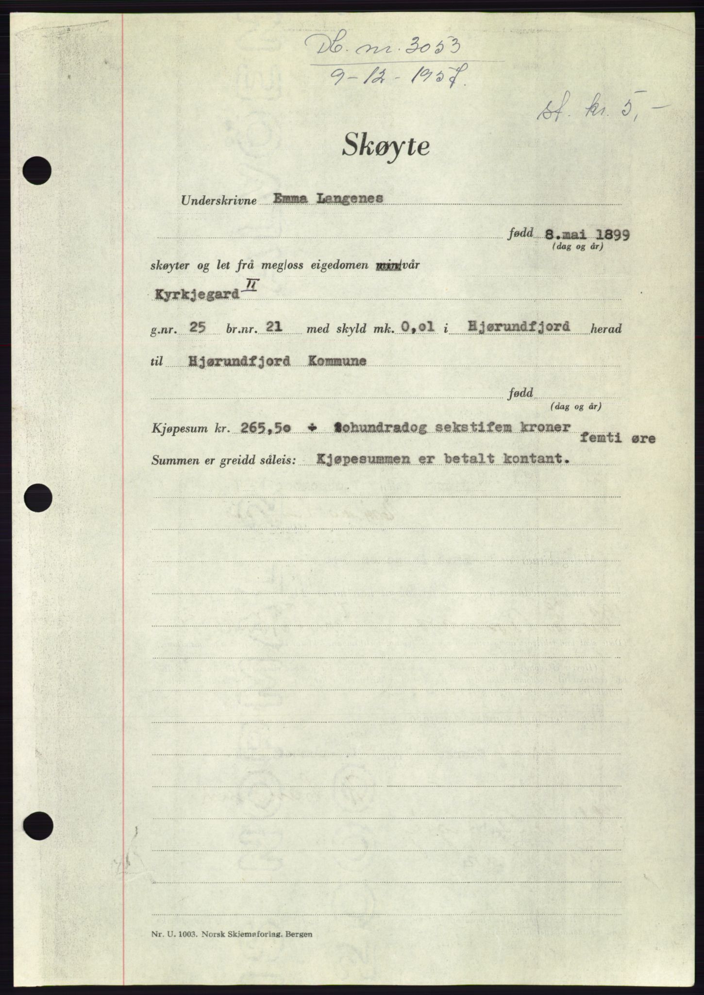 Søre Sunnmøre sorenskriveri, SAT/A-4122/1/2/2C/L0108: Pantebok nr. 34A, 1957-1958, Dagboknr: 3053/1957