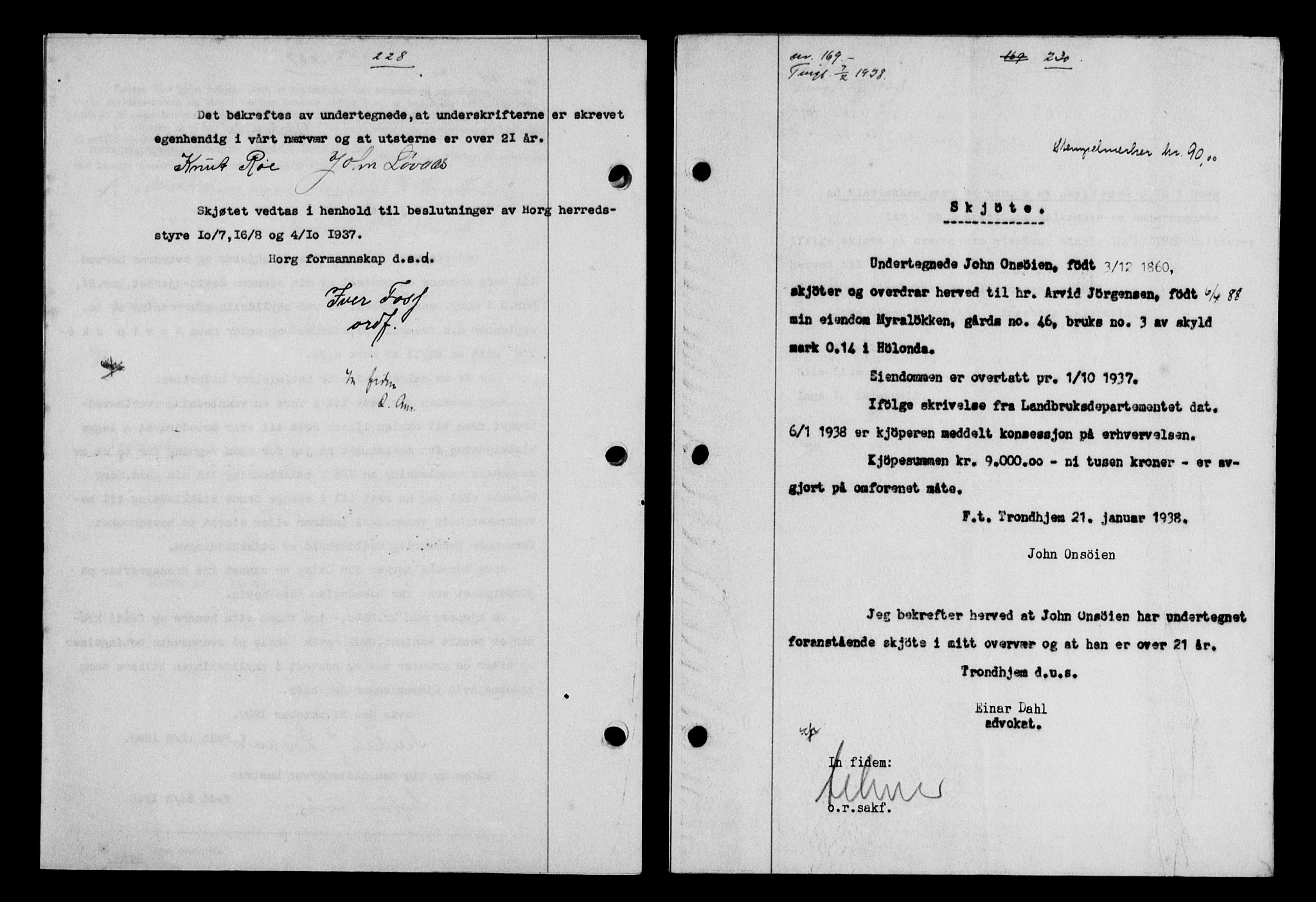 Gauldal sorenskriveri, SAT/A-0014/1/2/2C/L0048: Pantebok nr. 51-52, 1937-1938, s. 228, Dagboknr: 169/1938