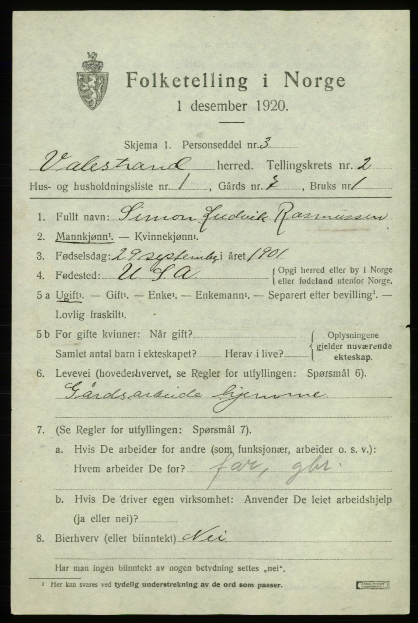 SAB, Folketelling 1920 for 1217 Valestrand herred, 1920, s. 819