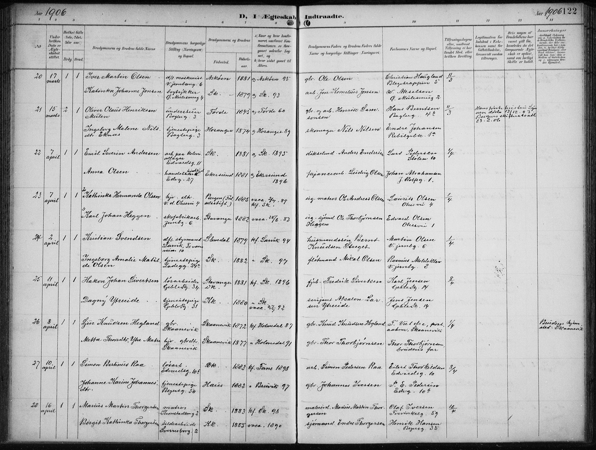 Sandviken Sokneprestembete, AV/SAB-A-77601/H/Ha/L0014: Ministerialbok nr. D 1, 1896-1911, s. 122