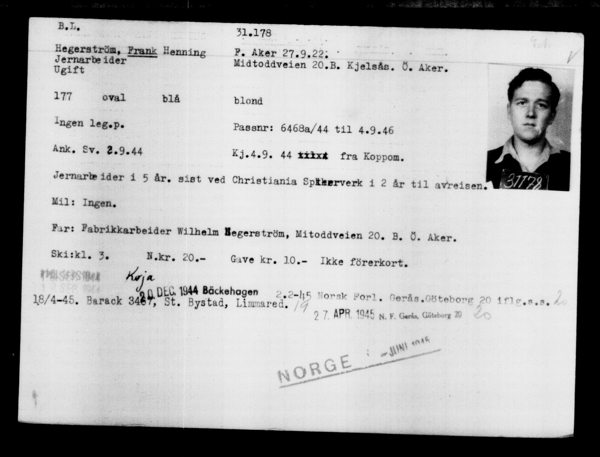 Utenriksstasjonene, Legasjonen i Stockholm, Flyktningkontoret, AV/RA-S-6753/V/Va/L0012: Kjesäterkartoteket, flyktninger med registreringsnr. 28300-31566, 1940-1945, s. 3119