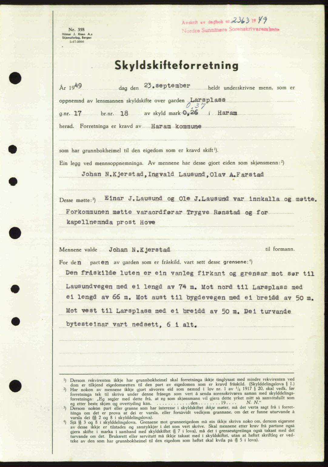 Nordre Sunnmøre sorenskriveri, SAT/A-0006/1/2/2C/2Ca: Pantebok nr. A32, 1949-1949, Dagboknr: 2363/1949