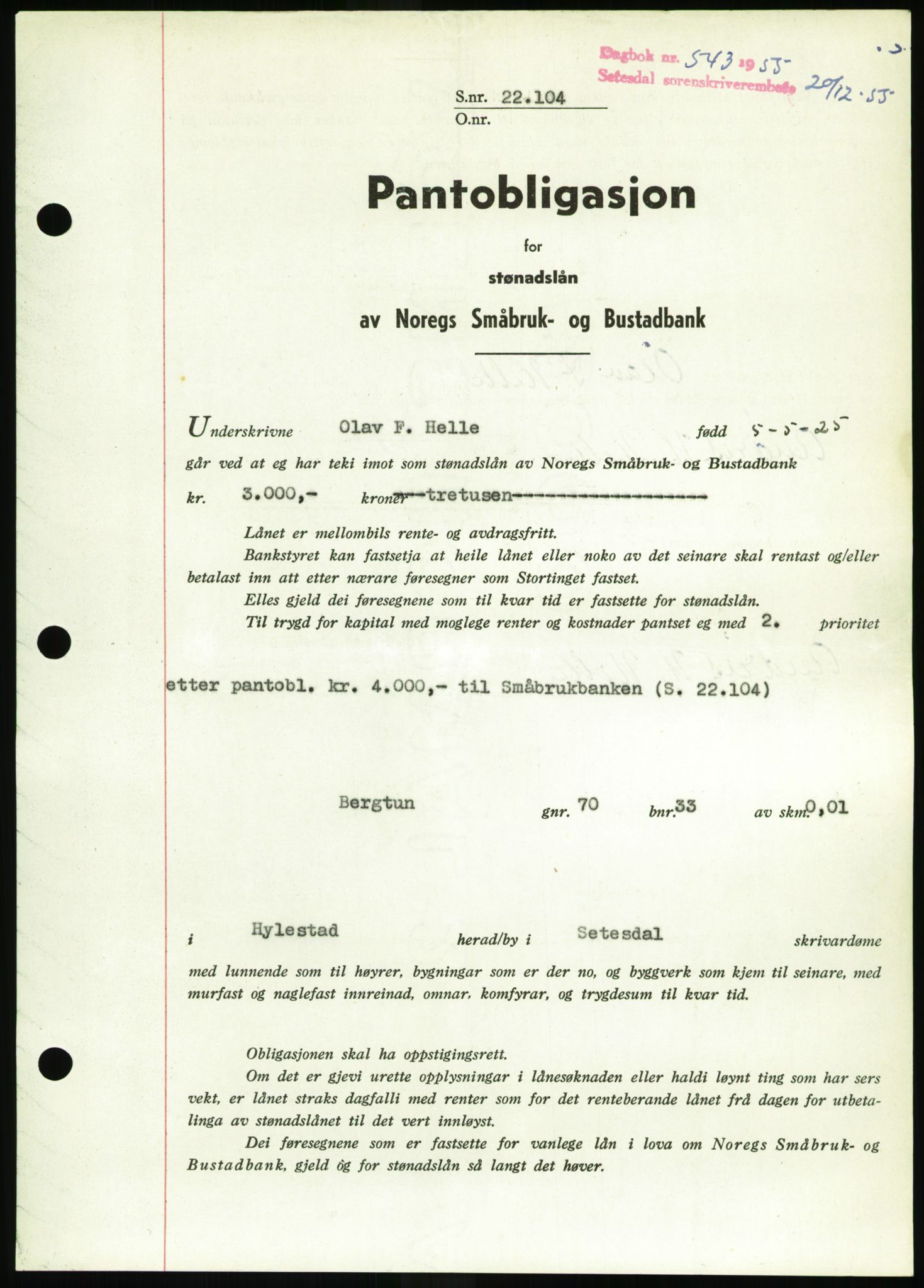 Setesdal sorenskriveri, SAK/1221-0011/G/Gb/L0052: Pantebok nr. B 40, 1954-1955, Dagboknr: 543/1955