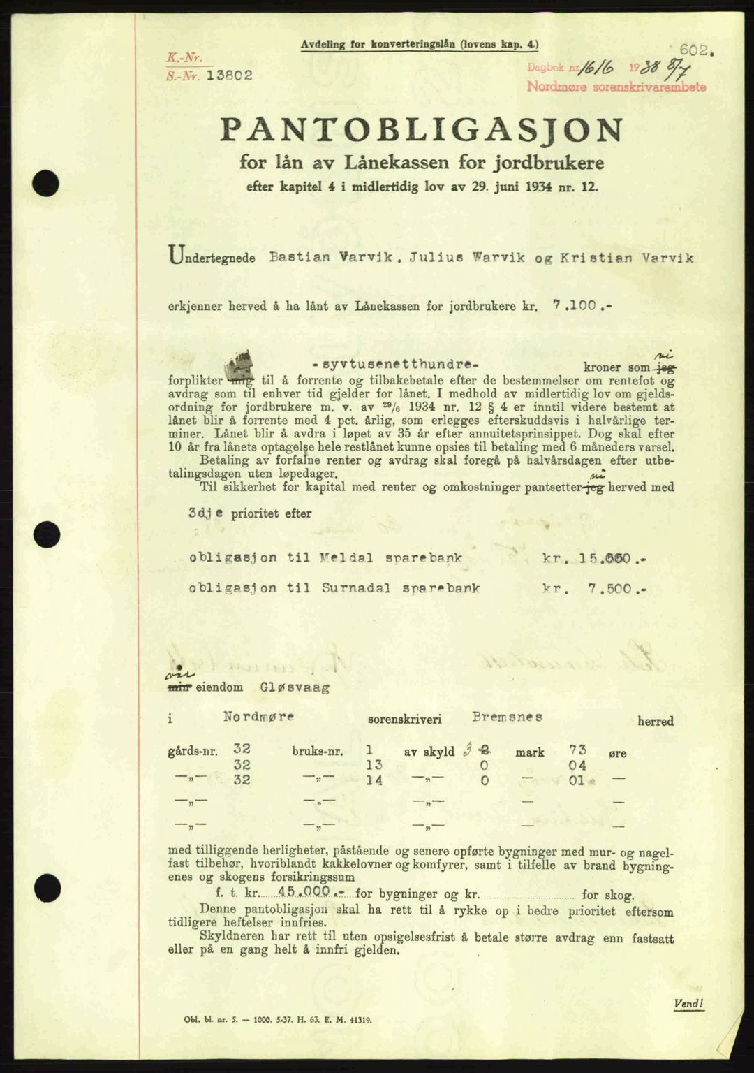 Nordmøre sorenskriveri, AV/SAT-A-4132/1/2/2Ca: Pantebok nr. B83, 1938-1938, Dagboknr: 1616/1938