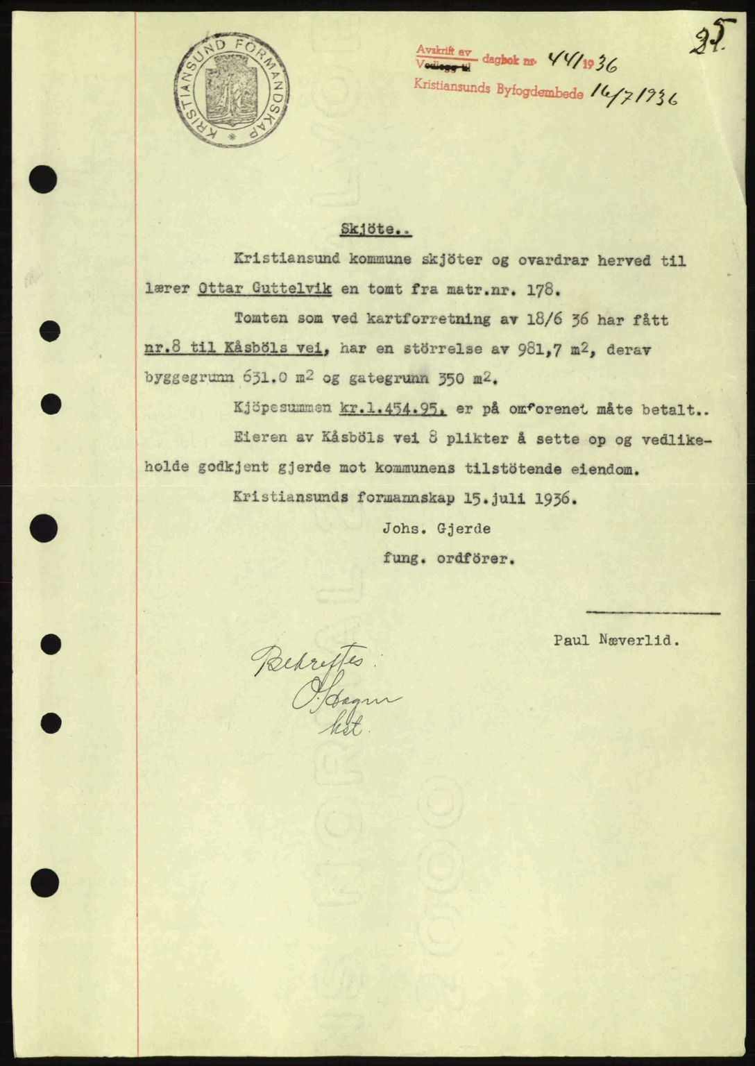Kristiansund byfogd, AV/SAT-A-4587/A/27: Pantebok nr. 30, 1936-1941, Dagboknr: 441/1936