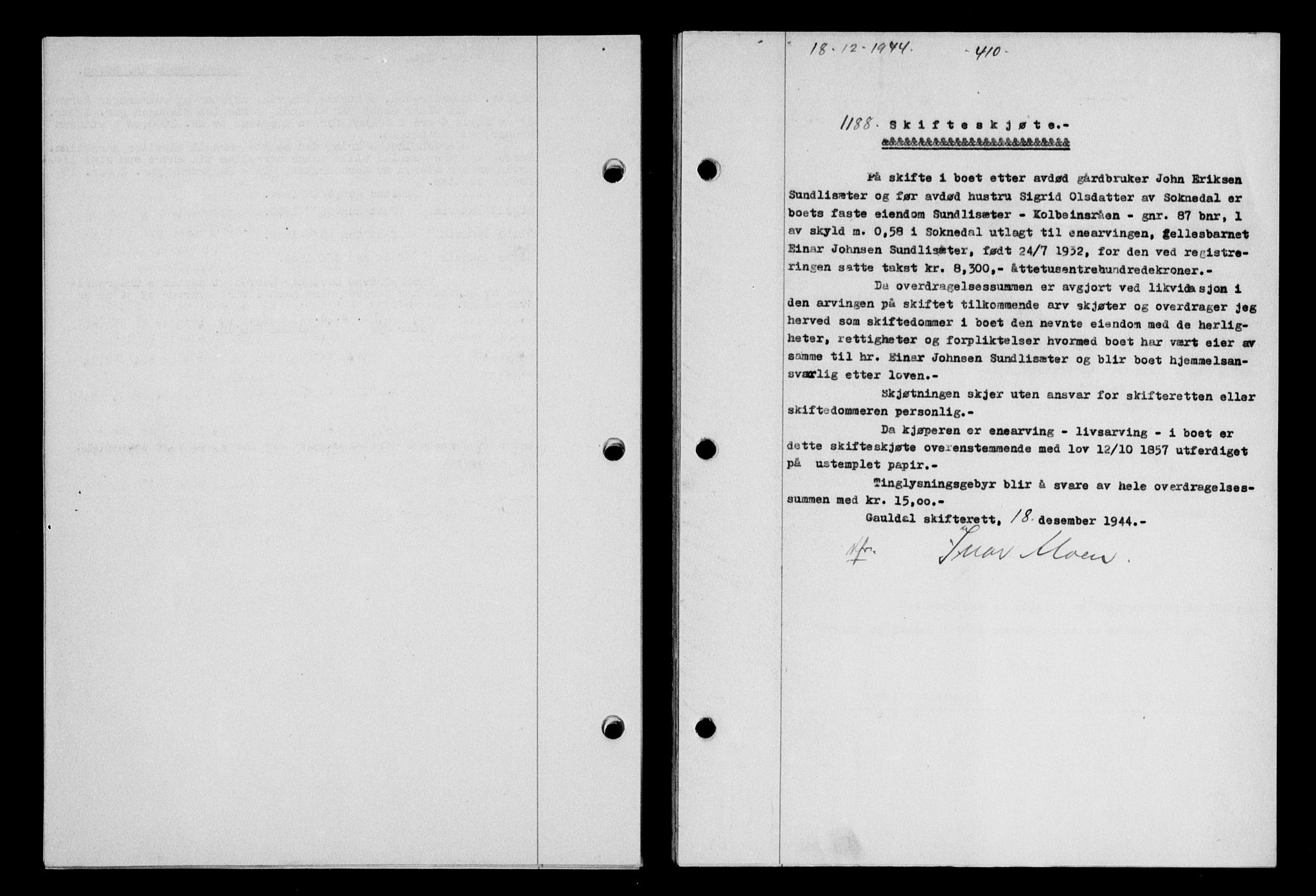 Gauldal sorenskriveri, SAT/A-0014/1/2/2C/L0058: Pantebok nr. 63, 1944-1945, Dagboknr: 1188/1944