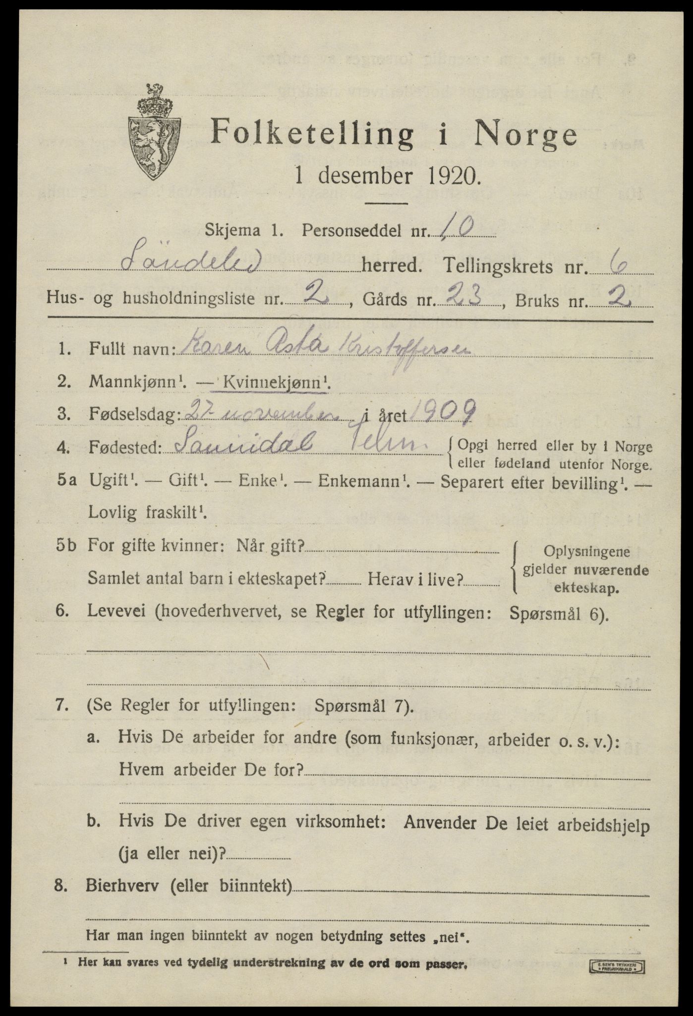 SAK, Folketelling 1920 for 0913 Søndeled herred, 1920, s. 3727