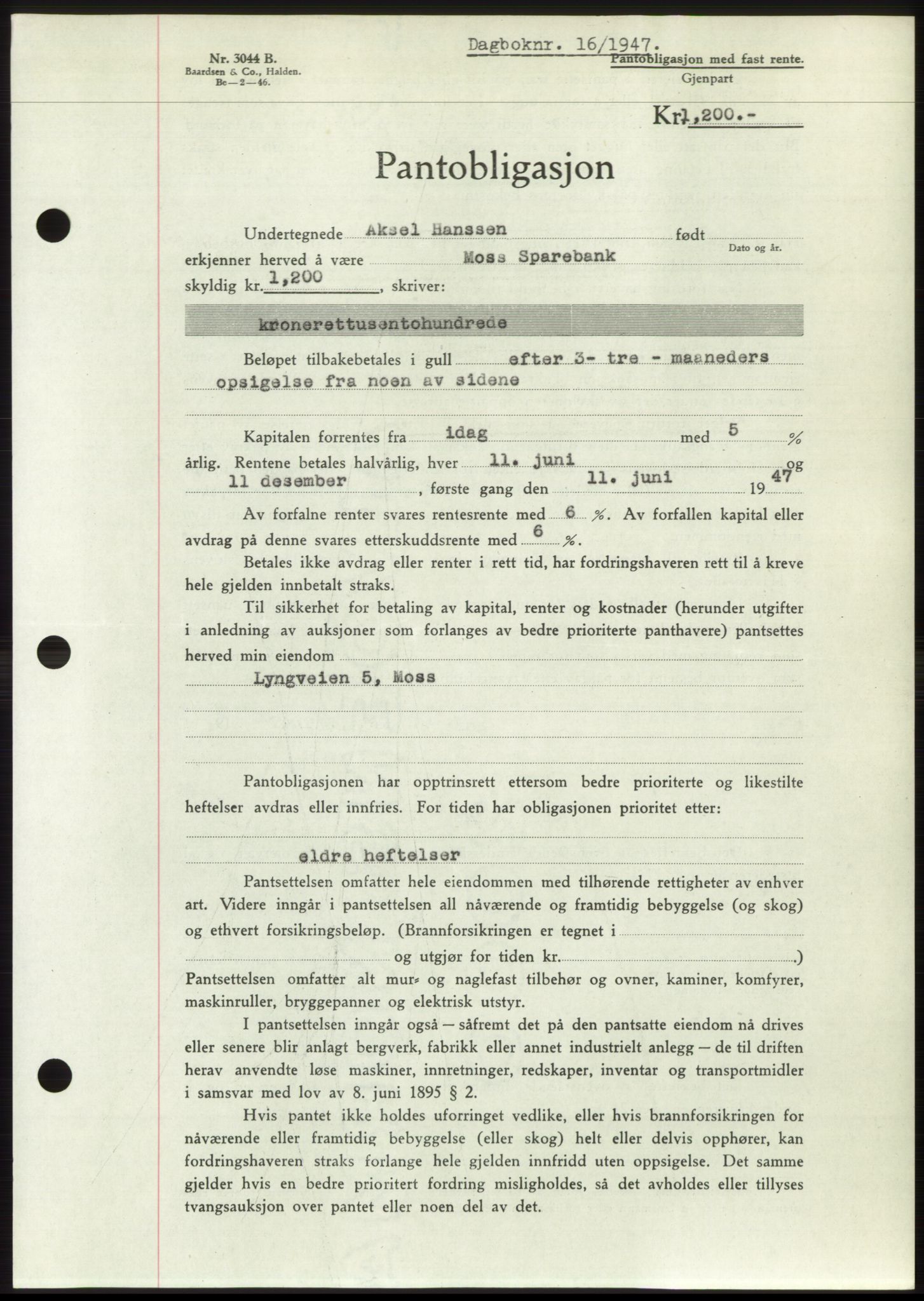 Moss sorenskriveri, SAO/A-10168: Pantebok nr. B16, 1946-1947, Dagboknr: 16/1947