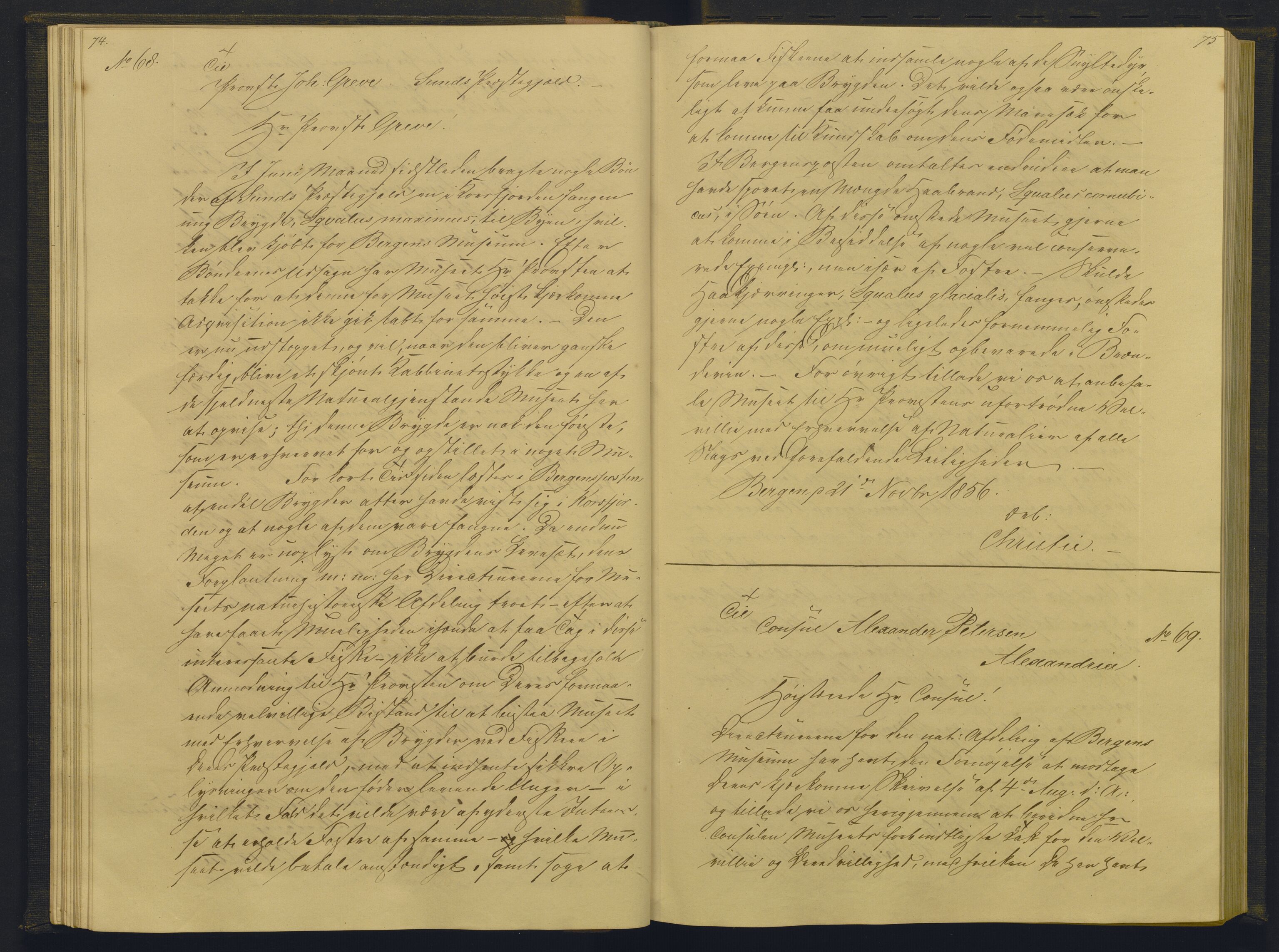Bergens Museum, AV/SAB-A-17301/08/B/Ba/L0001: Kopibok , 1852-1874, s. 74-75