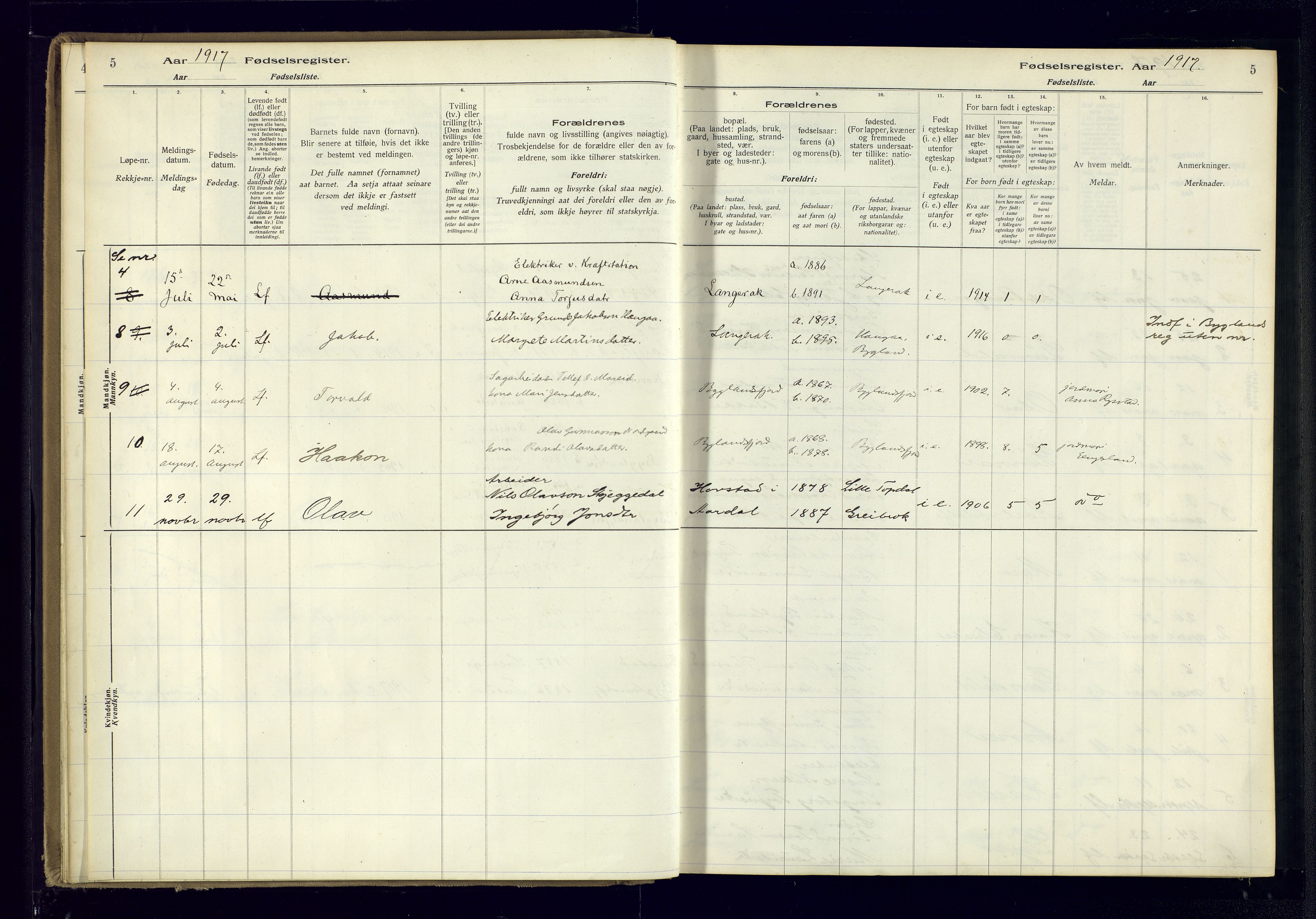 Bygland sokneprestkontor, AV/SAK-1111-0006/J/Ja/L0004: Fødselsregister nr. II.4.5, 1916-1983, s. 5