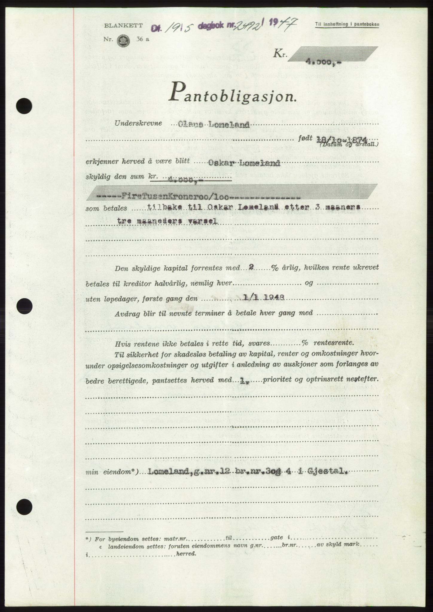 Jæren sorenskriveri, SAST/A-100310/03/G/Gba/L0094: Pantebok, 1947-1947, Dagboknr: 2472/1947