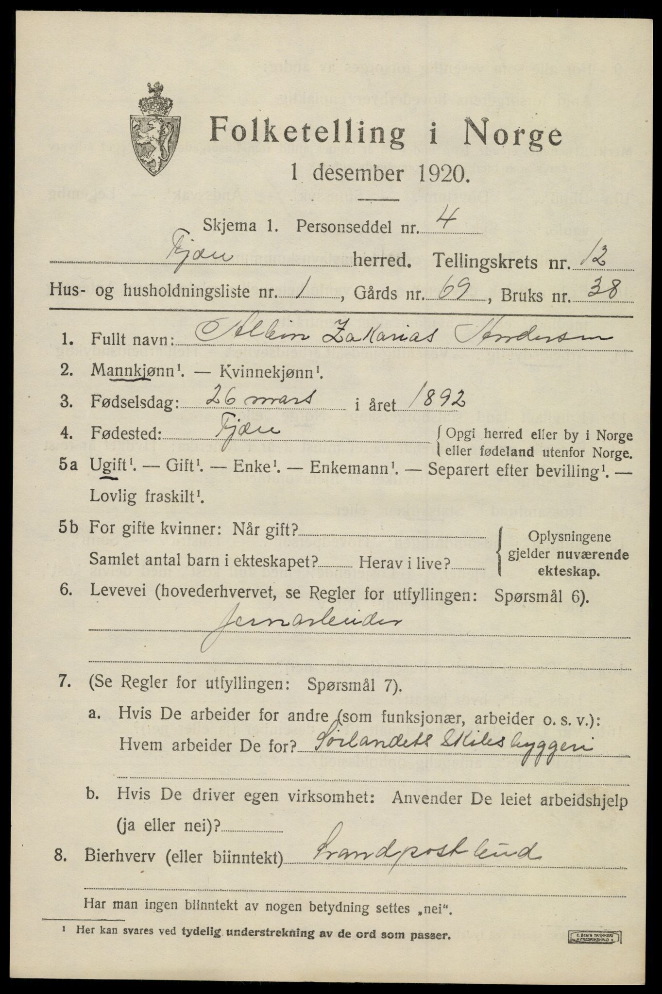 SAK, Folketelling 1920 for 0923 Fjære herred, 1920, s. 12183