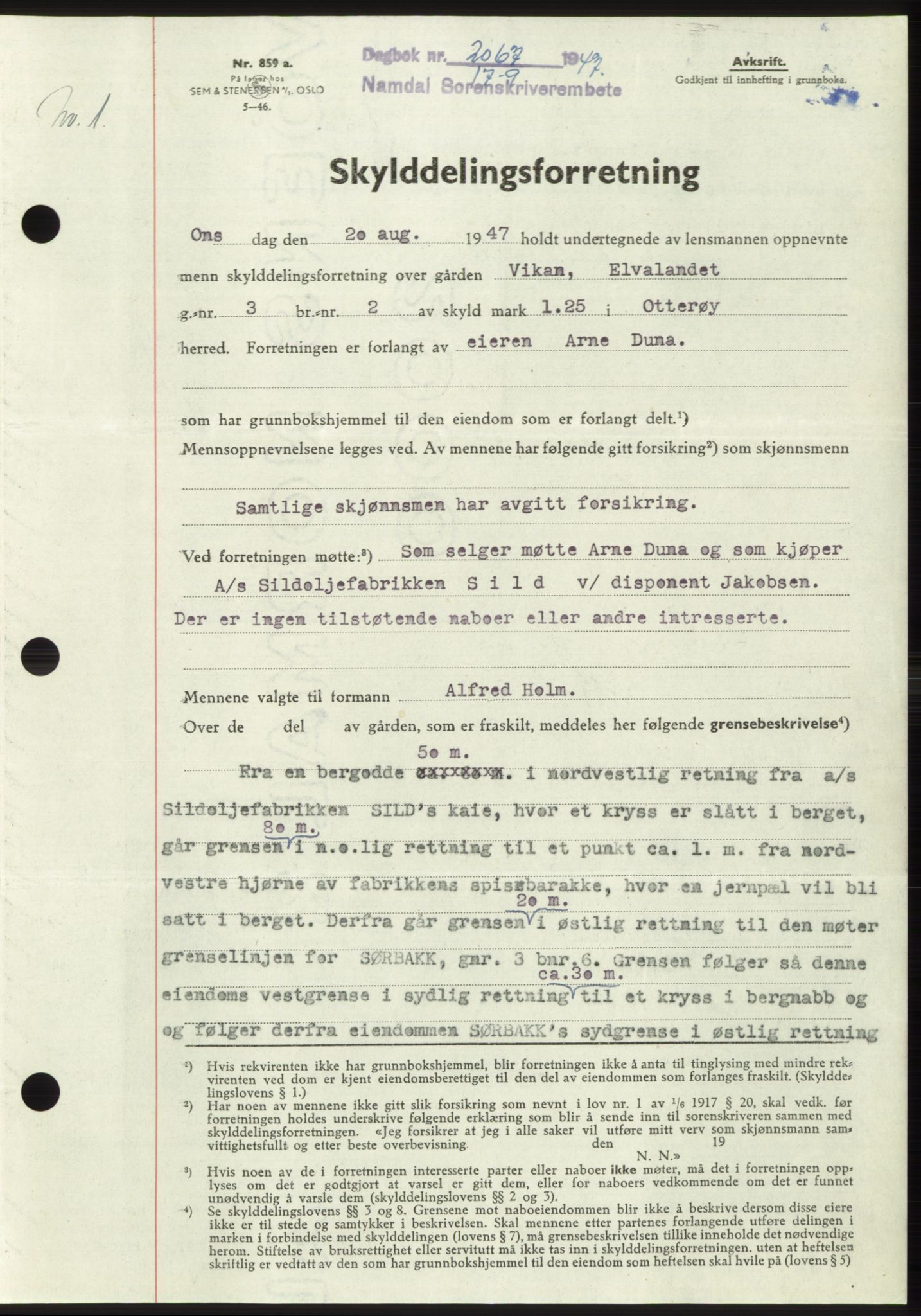 Namdal sorenskriveri, SAT/A-4133/1/2/2C: Pantebok nr. -, 1947-1947, Dagboknr: 2067/1947