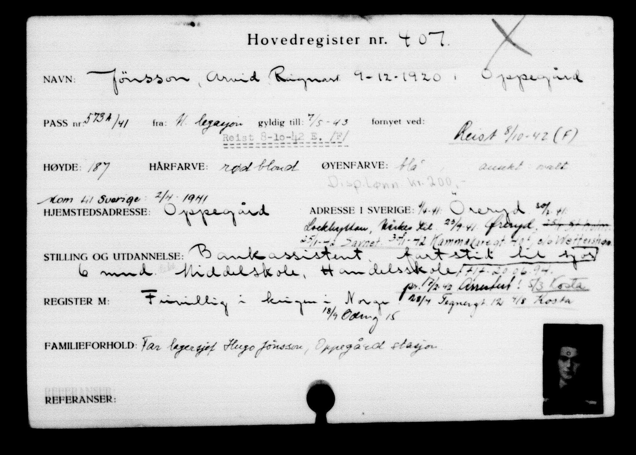 Utenriksstasjonene, Legasjonen i Stockholm, Flyktningkontoret, AV/RA-S-6753/V/Va/L0001: Kjesäterkartoteket, flyktninger med registreringsnr. 1-1000, 1940-1945, s. 639