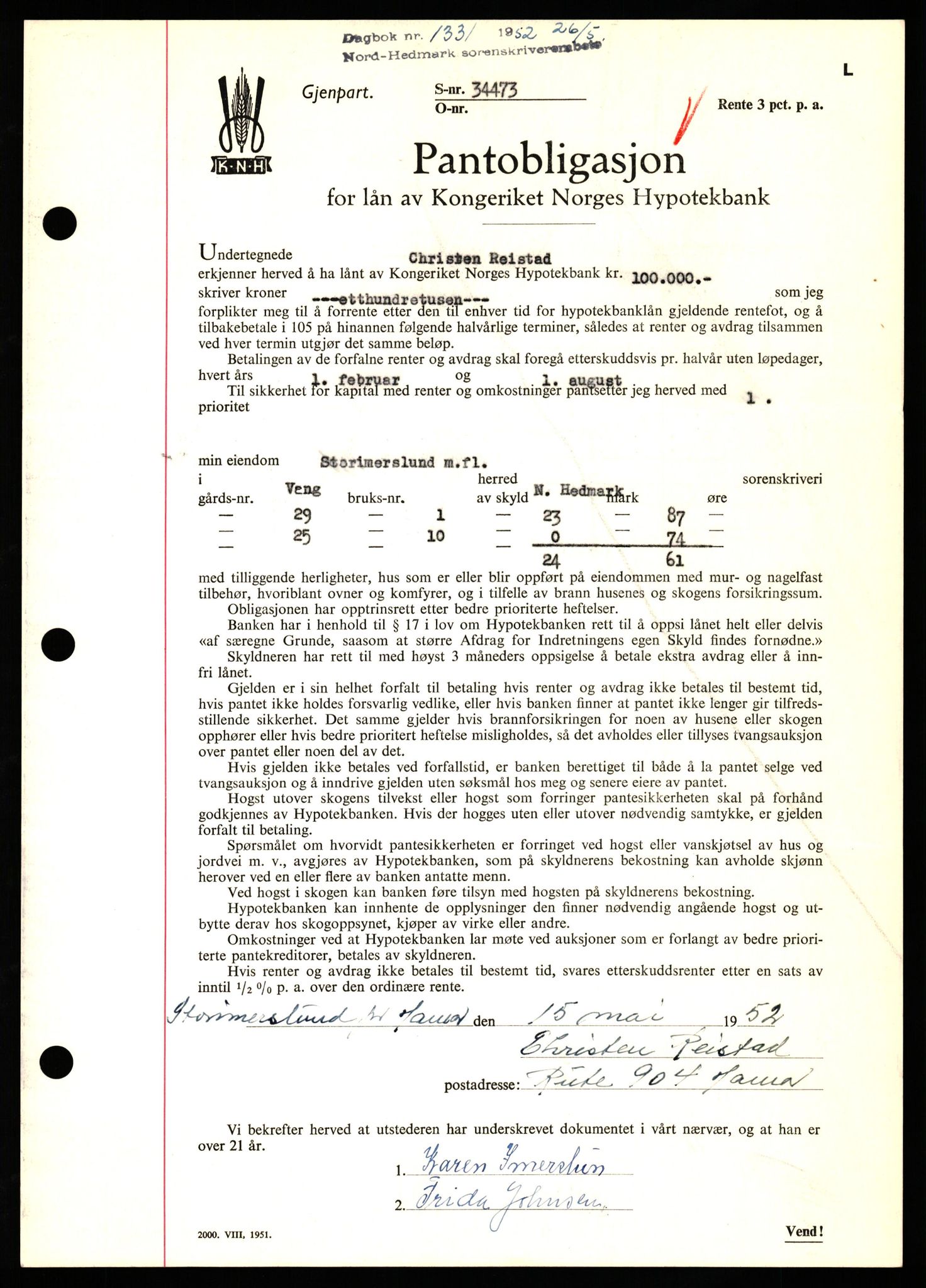 Nord-Hedmark sorenskriveri, SAH/TING-012/H/Hb/Hbf/L0025: Pantebok nr. B25, 1952-1952, Dagboknr: 1331/1952