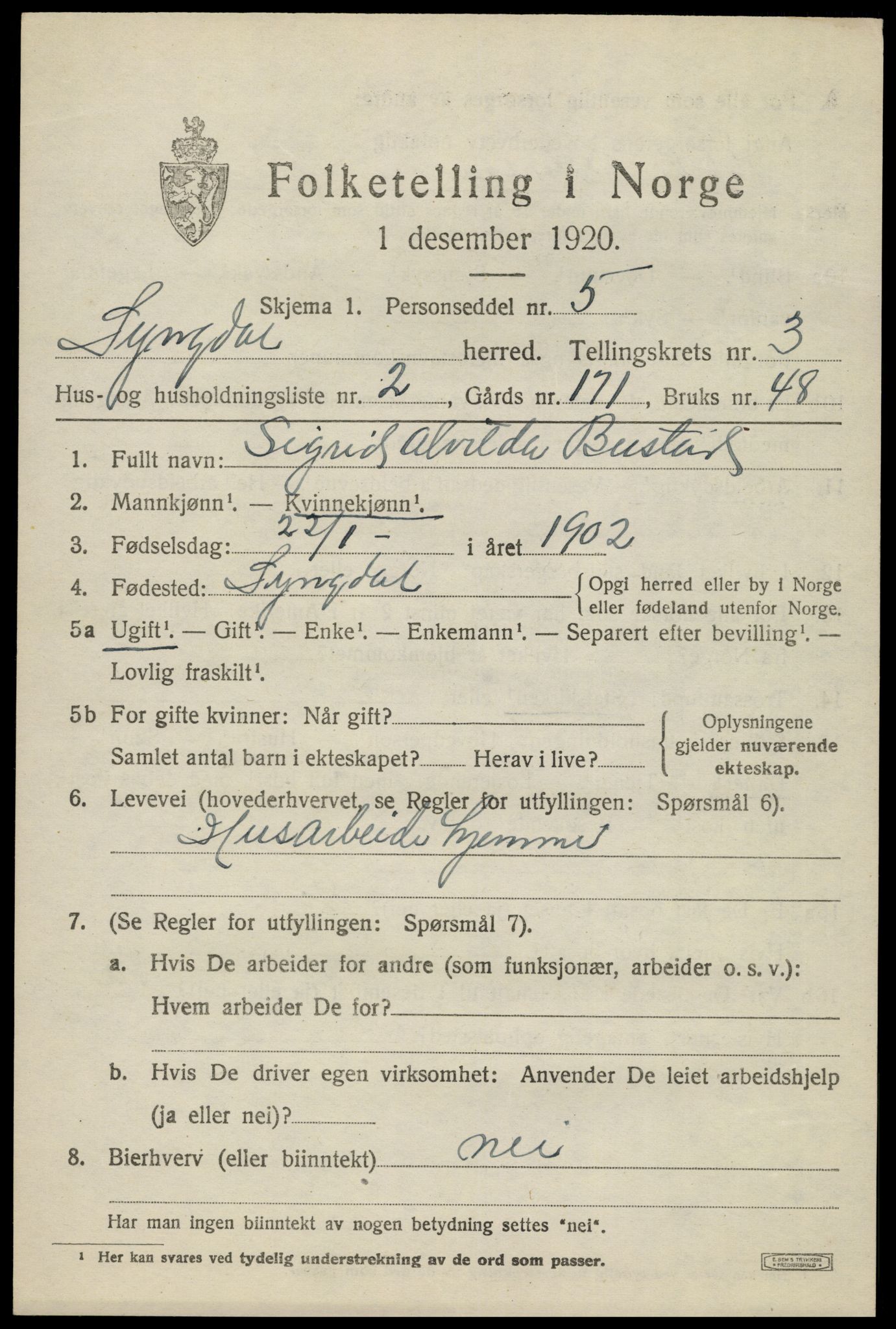 SAK, Folketelling 1920 for 1032 Lyngdal herred, 1920, s. 1927