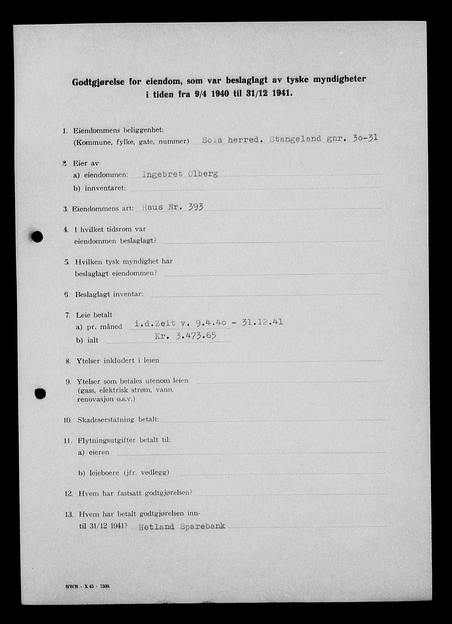 Justisdepartementet, Tilbakeføringskontoret for inndratte formuer, AV/RA-S-1564/I/L1015: Godtgjørelse for beslaglagt eiendom, 1940-1941, s. 23