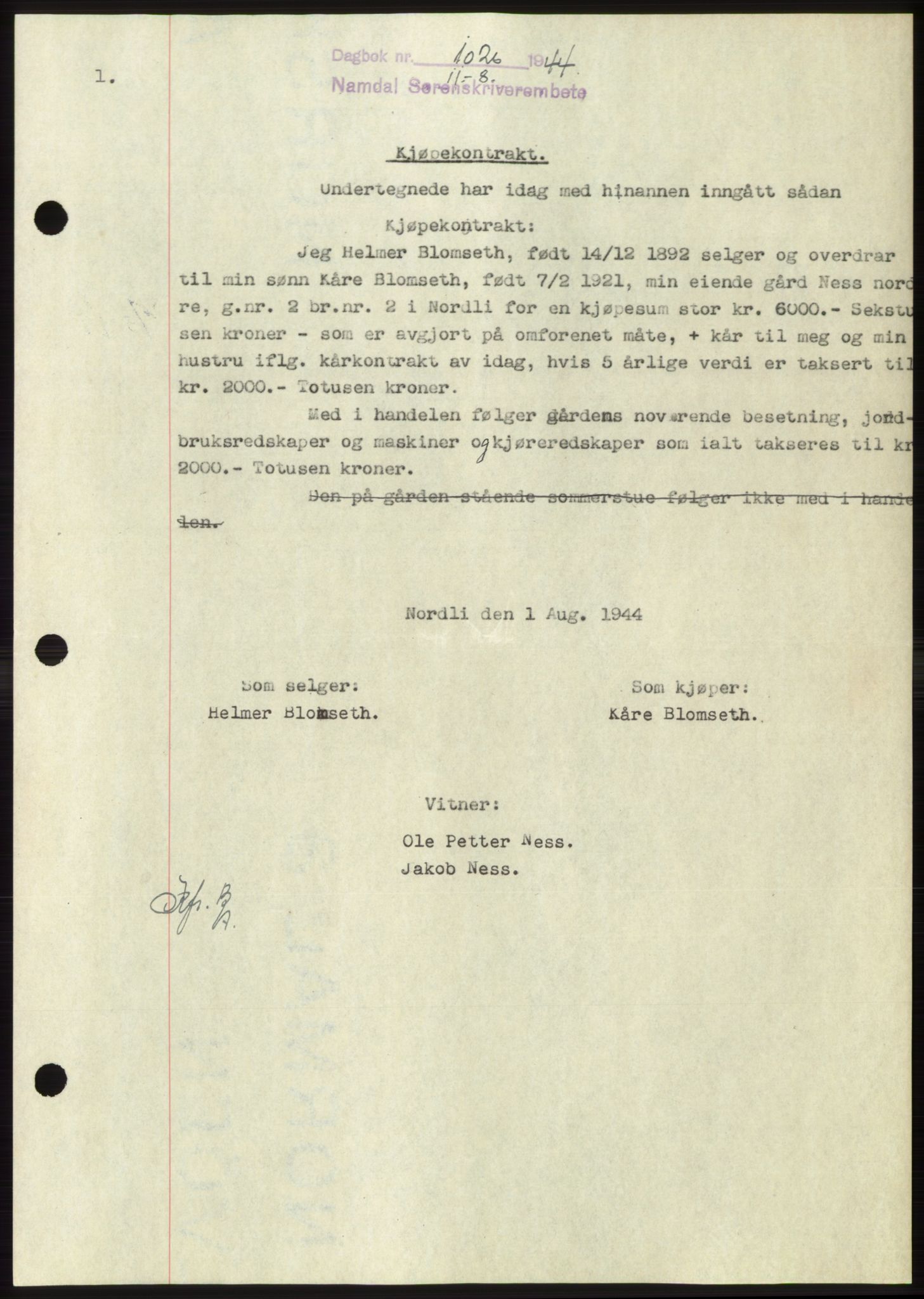 Namdal sorenskriveri, SAT/A-4133/1/2/2C: Pantebok nr. -, 1944-1945, Dagboknr: 1026/1944