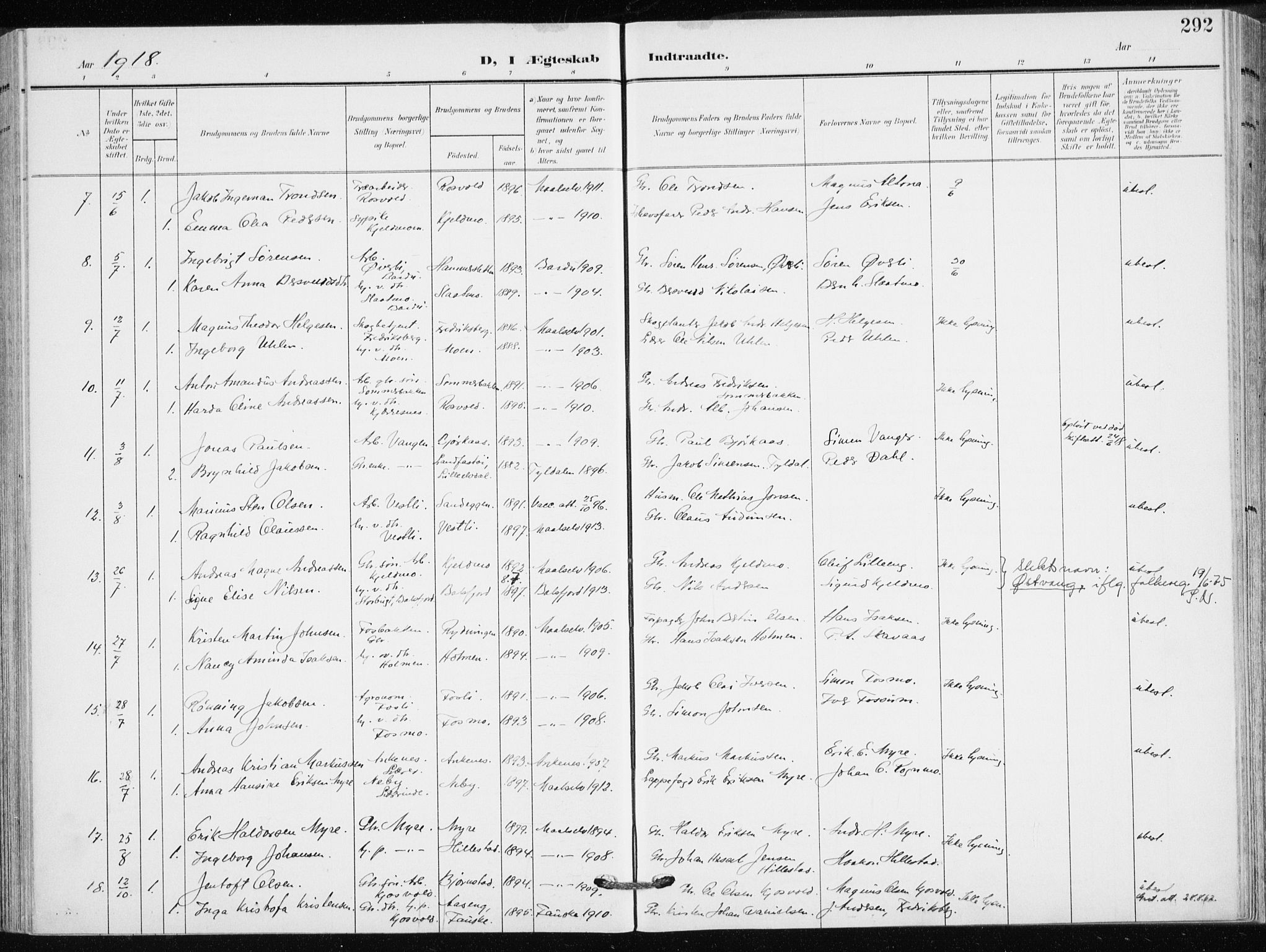 Målselv sokneprestembete, AV/SATØ-S-1311/G/Ga/Gaa/L0011kirke: Ministerialbok nr. 11, 1904-1918, s. 292