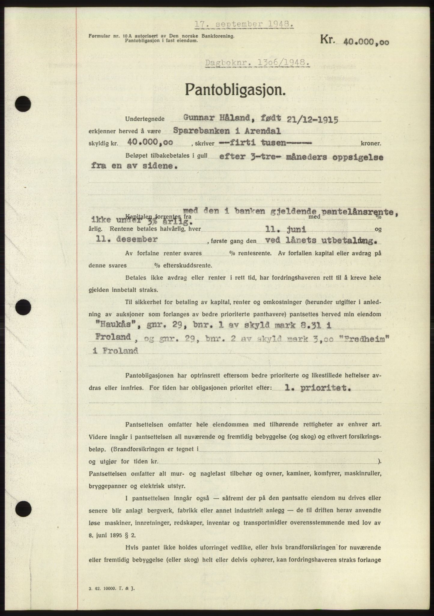 Nedenes sorenskriveri, AV/SAK-1221-0006/G/Gb/Gbb/L0005: Pantebok nr. B5, 1948-1948, Dagboknr: 1306/1948