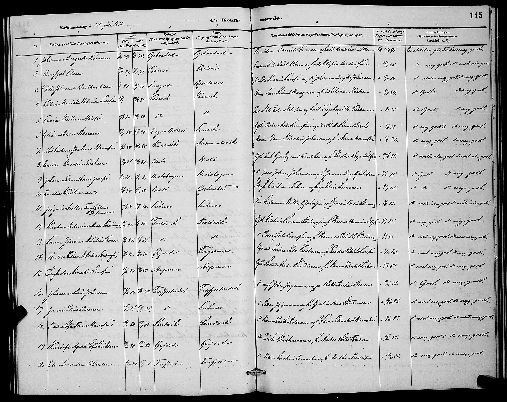 Lenvik sokneprestembete, AV/SATØ-S-1310/H/Ha/Hab/L0007klokker: Klokkerbok nr. 7, 1890-1898, s. 145