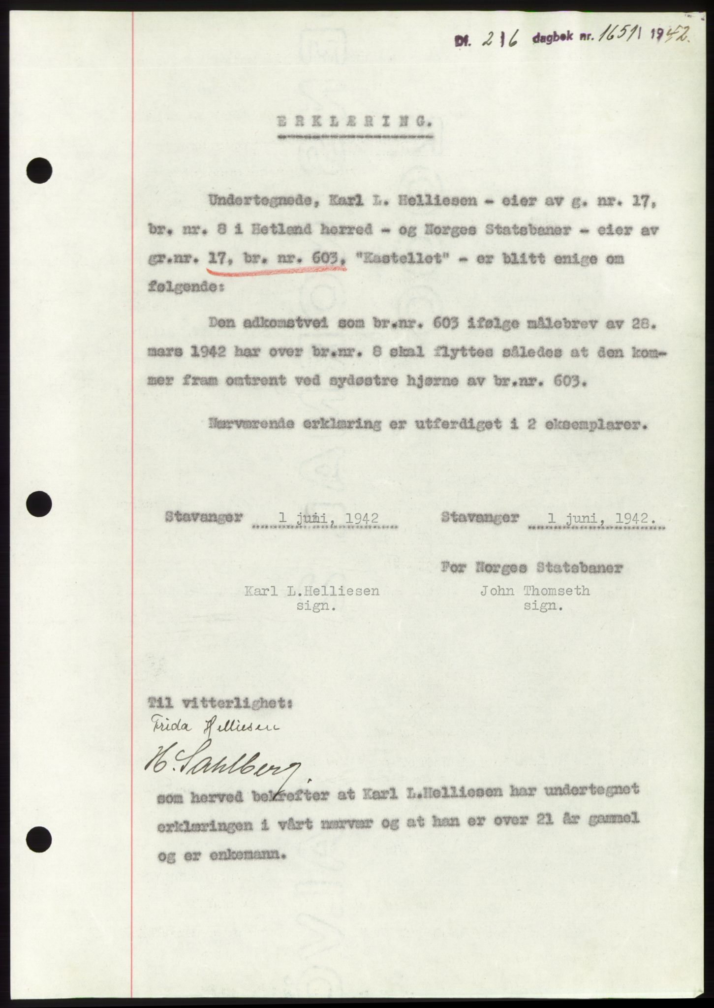 Jæren sorenskriveri, SAST/A-100310/03/G/Gba/L0082: Pantebok, 1942-1942, Dagboknr: 1651/1942
