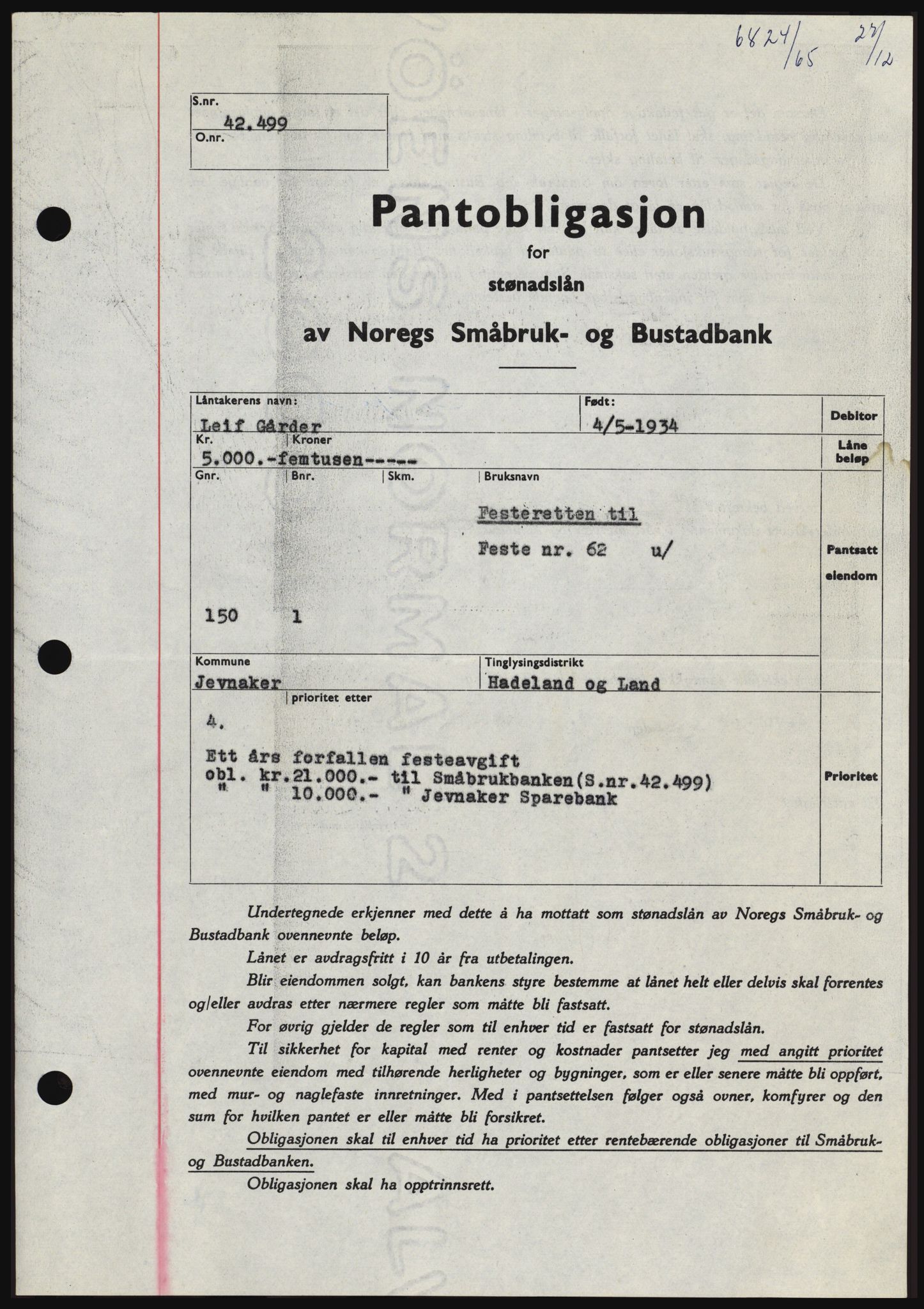 Hadeland og Land tingrett, SAH/TING-010/H/Hb/Hbc/L0061: Pantebok nr. B61, 1965-1966, Dagboknr: 6824/1965