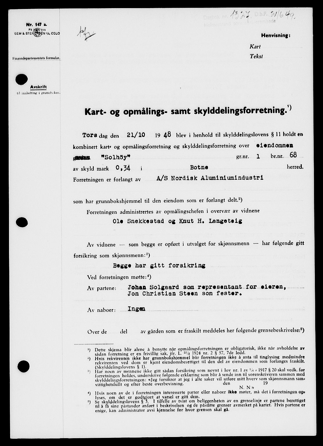 Holmestrand sorenskriveri, SAKO/A-67/G/Ga/Gaa/L0066: Pantebok nr. A-66, 1949-1949, Dagboknr: 1327/1949