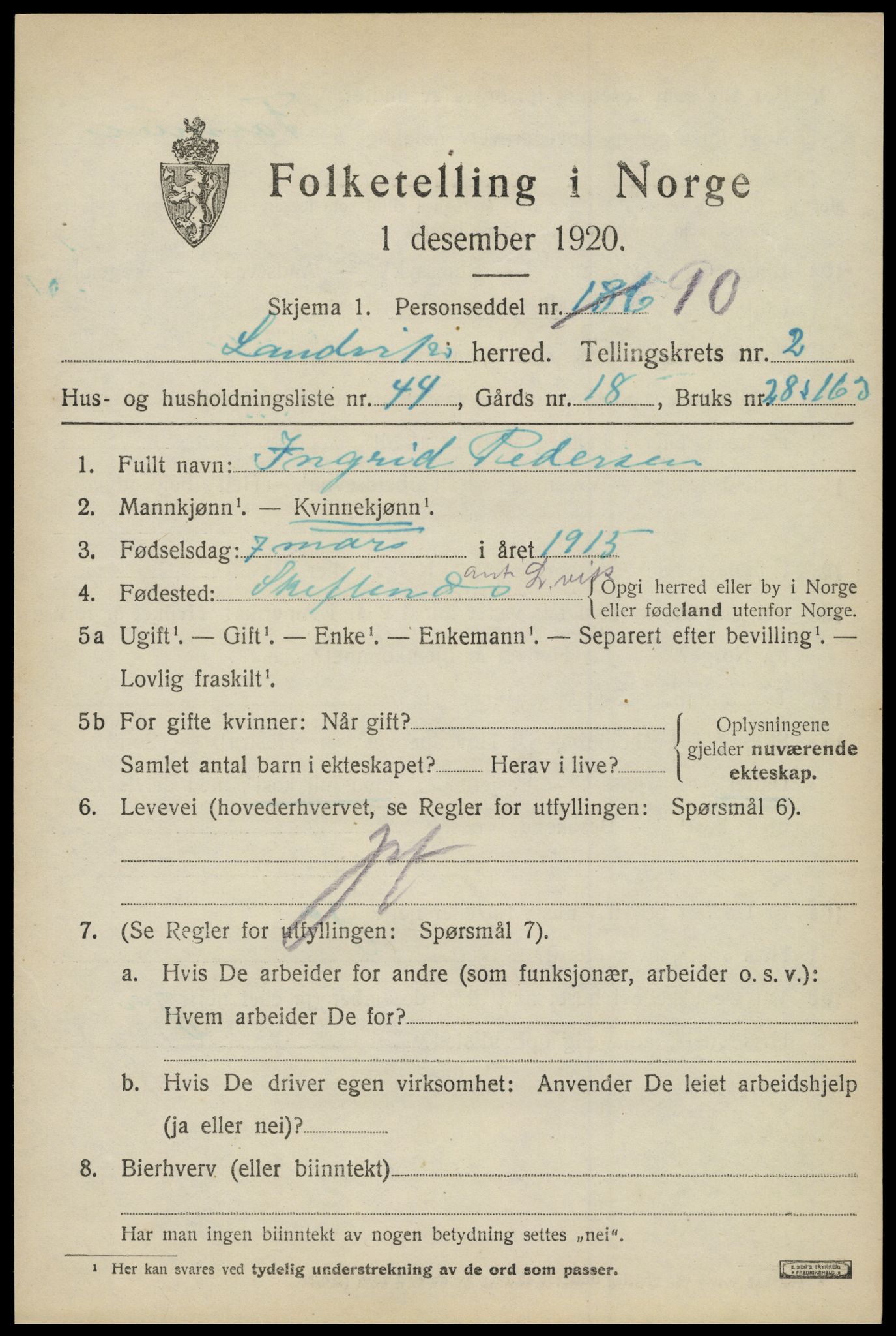 SAK, Folketelling 1920 for 0924 Landvik herred, 1920, s. 2138