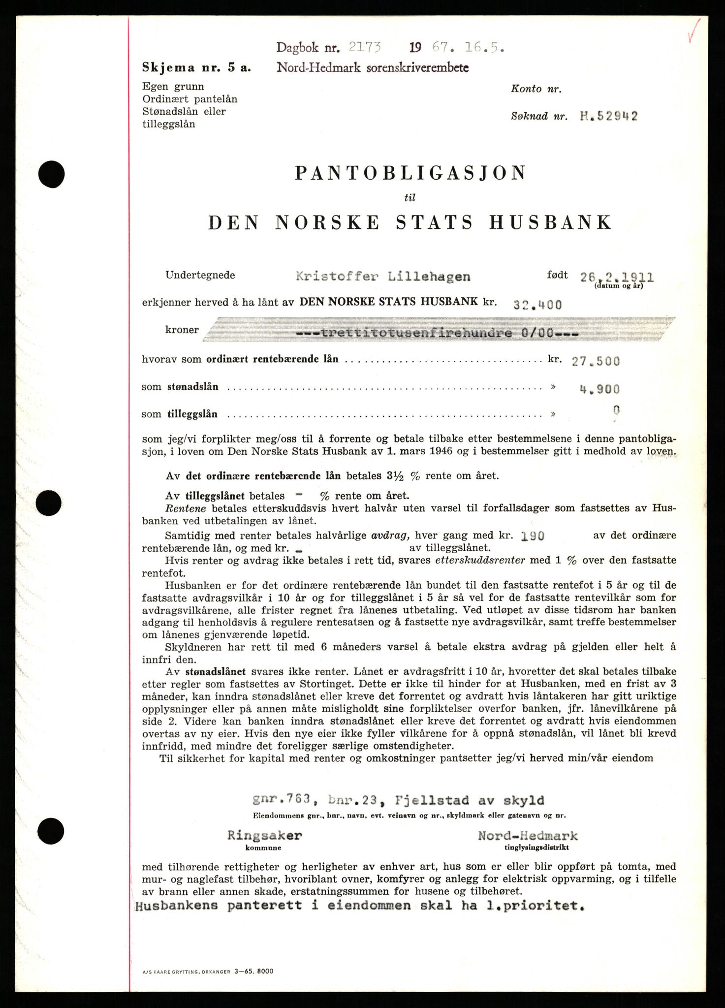 Nord-Hedmark sorenskriveri, SAH/TING-012/H/Hb/Hbf/L0071: Pantebok nr. B71, 1967-1967, Dagboknr: 2173/1967