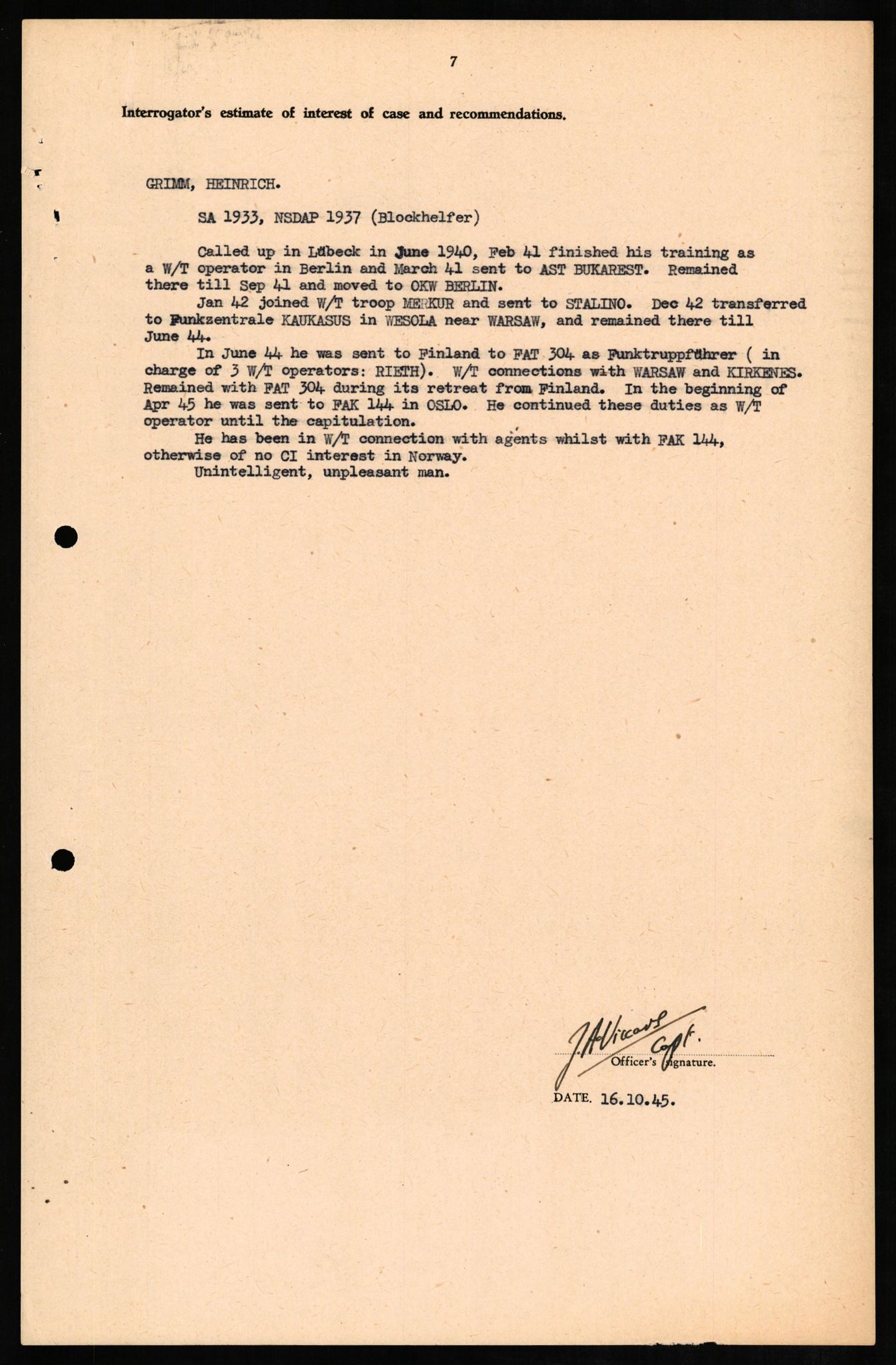 Forsvaret, Forsvarets overkommando II, AV/RA-RAFA-3915/D/Db/L0010: CI Questionaires. Tyske okkupasjonsstyrker i Norge. Tyskere., 1945-1946, s. 211