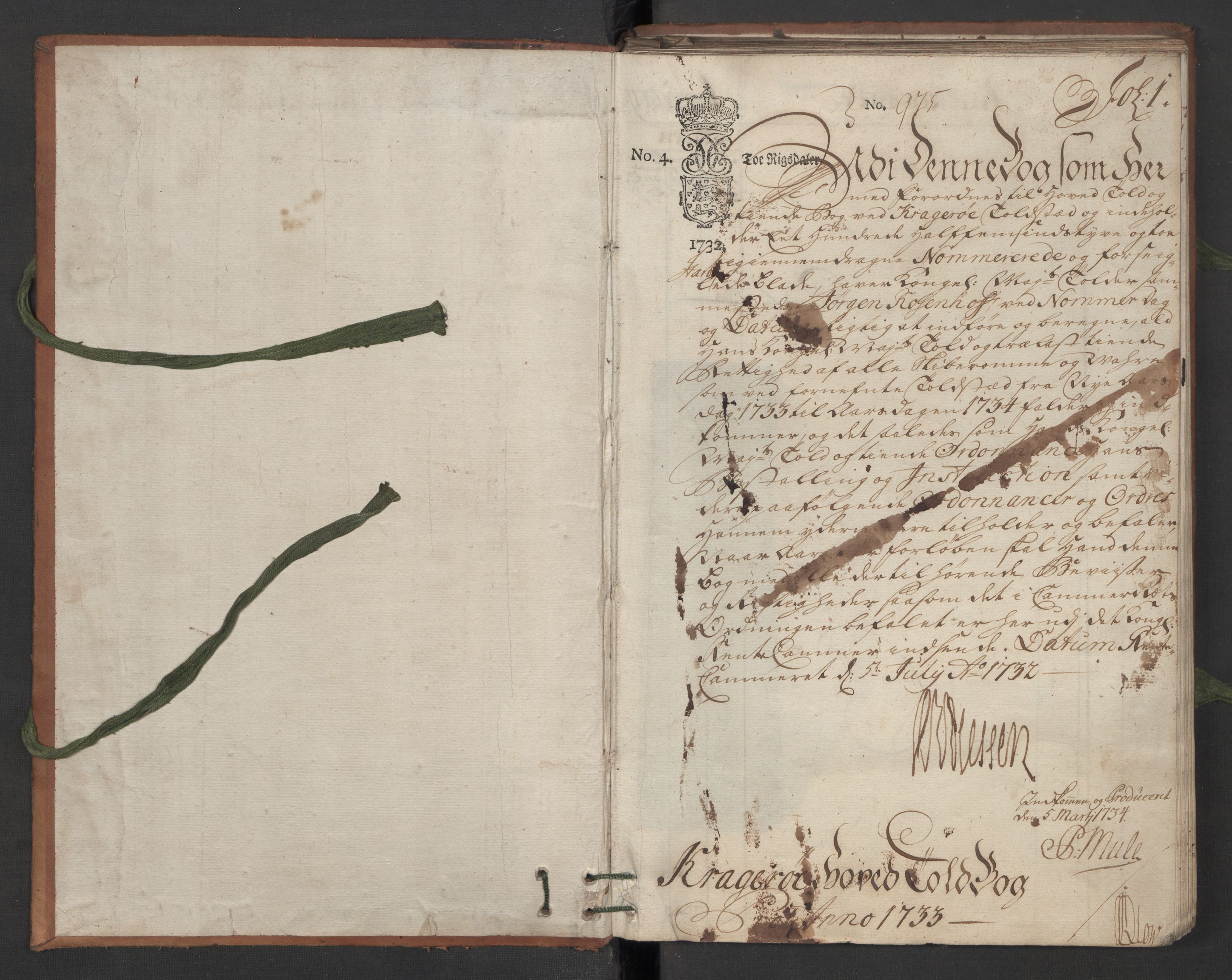 Generaltollkammeret, tollregnskaper, AV/RA-EA-5490/R13/L0007/0001: Tollregnskaper Kragerø / Hovedtollbok, 1733, s. 1a