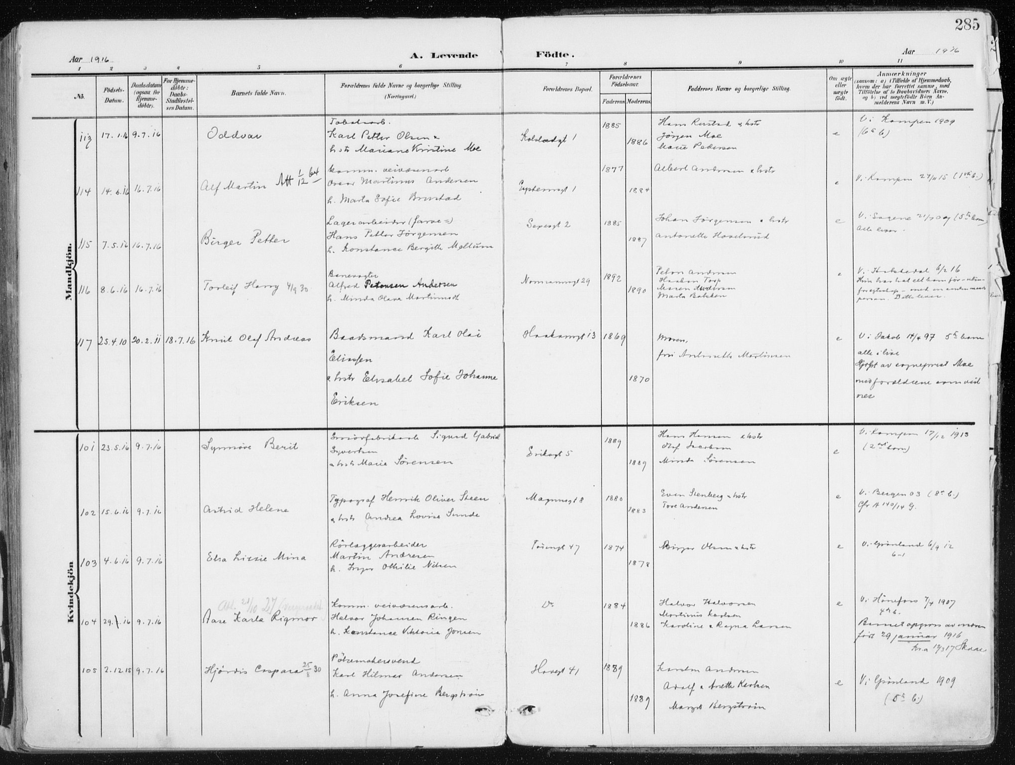 Kampen prestekontor Kirkebøker, AV/SAO-A-10853/F/Fa/L0010: Ministerialbok nr. I 10, 1905-1917, s. 285