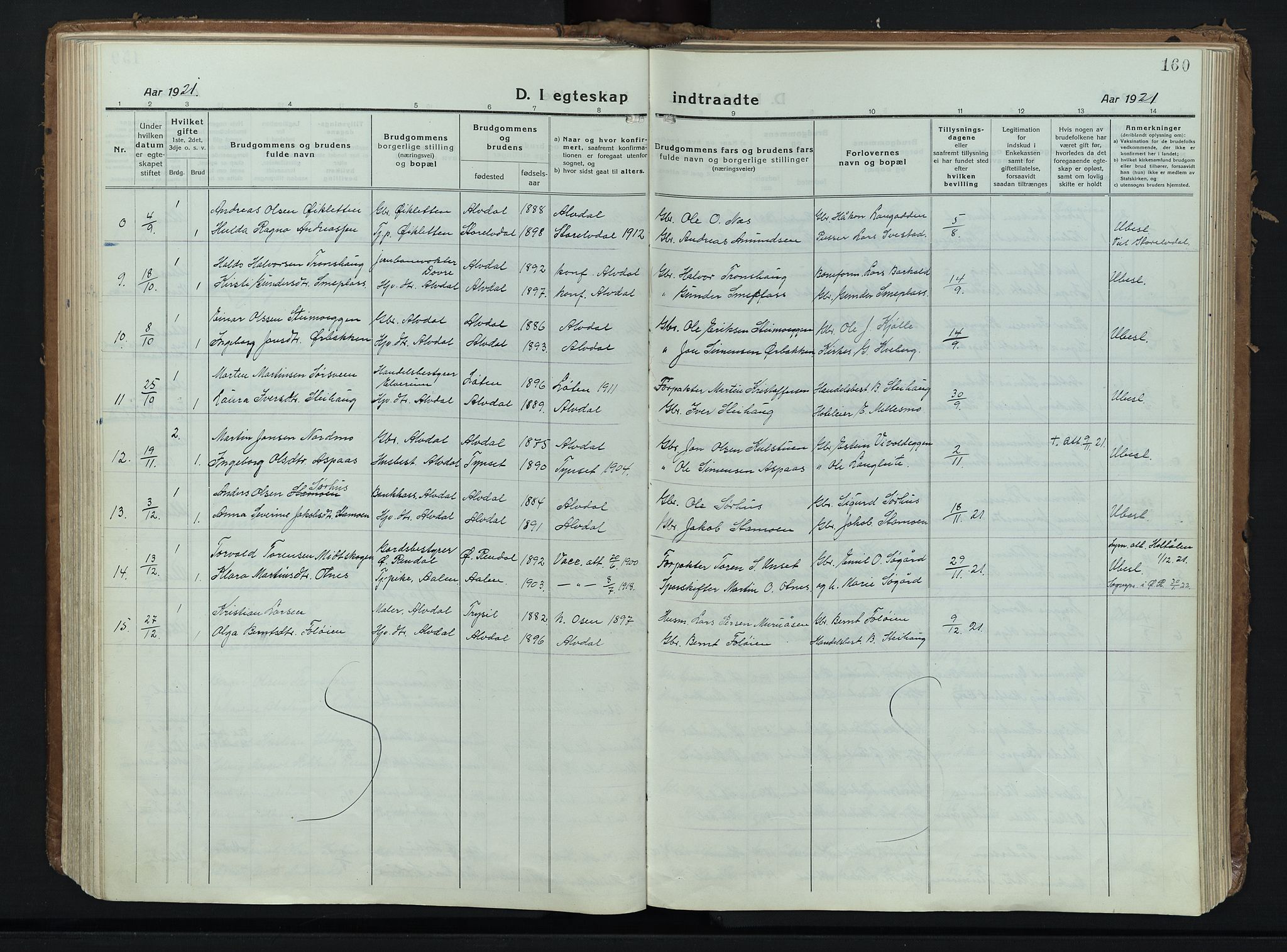 Alvdal prestekontor, AV/SAH-PREST-060/H/Ha/Haa/L0006: Ministerialbok nr. 6, 1920-1937, s. 160