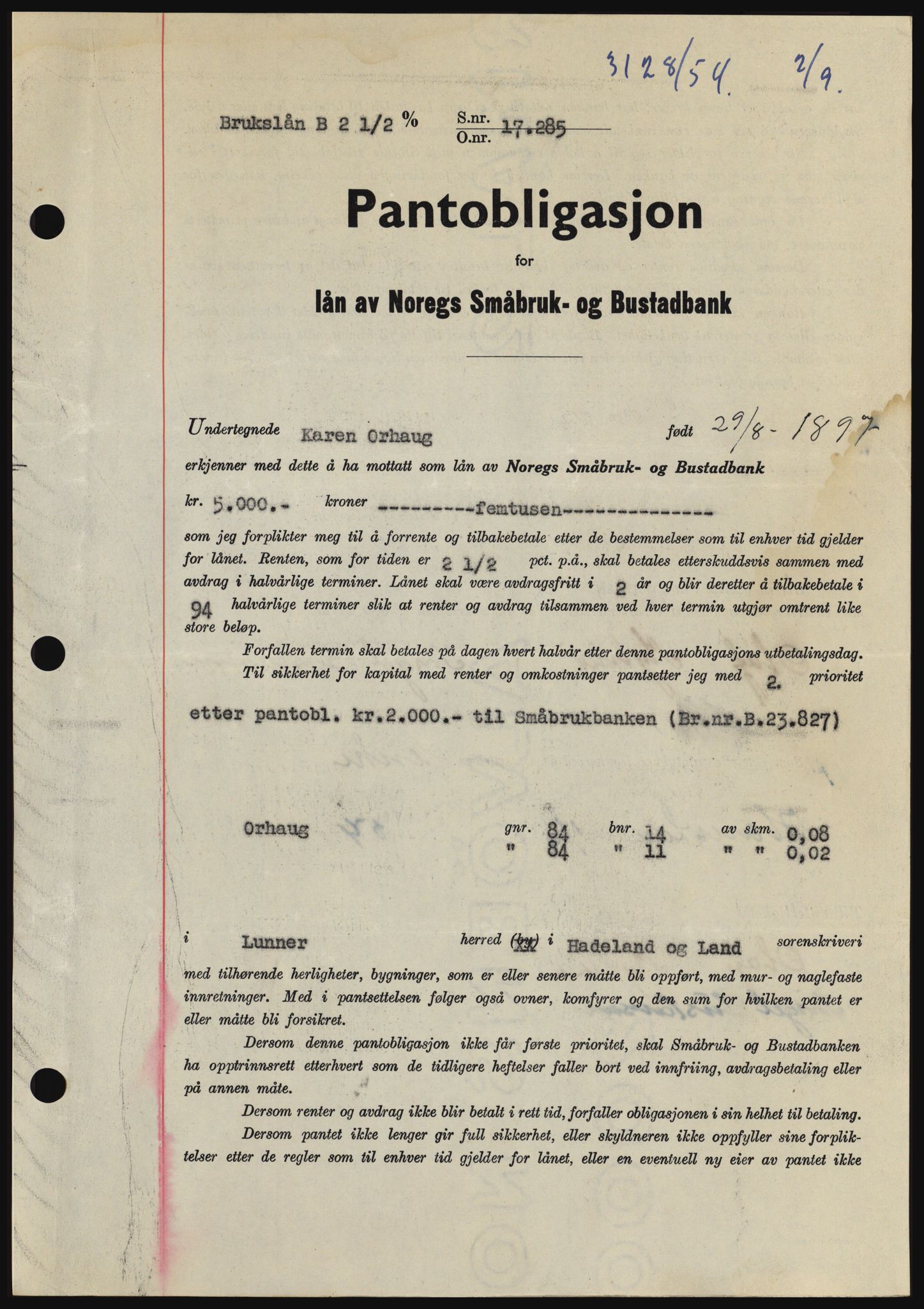 Hadeland og Land tingrett, SAH/TING-010/H/Hb/Hbc/L0030: Pantebok nr. B30, 1954-1954, Dagboknr: 3128/1954