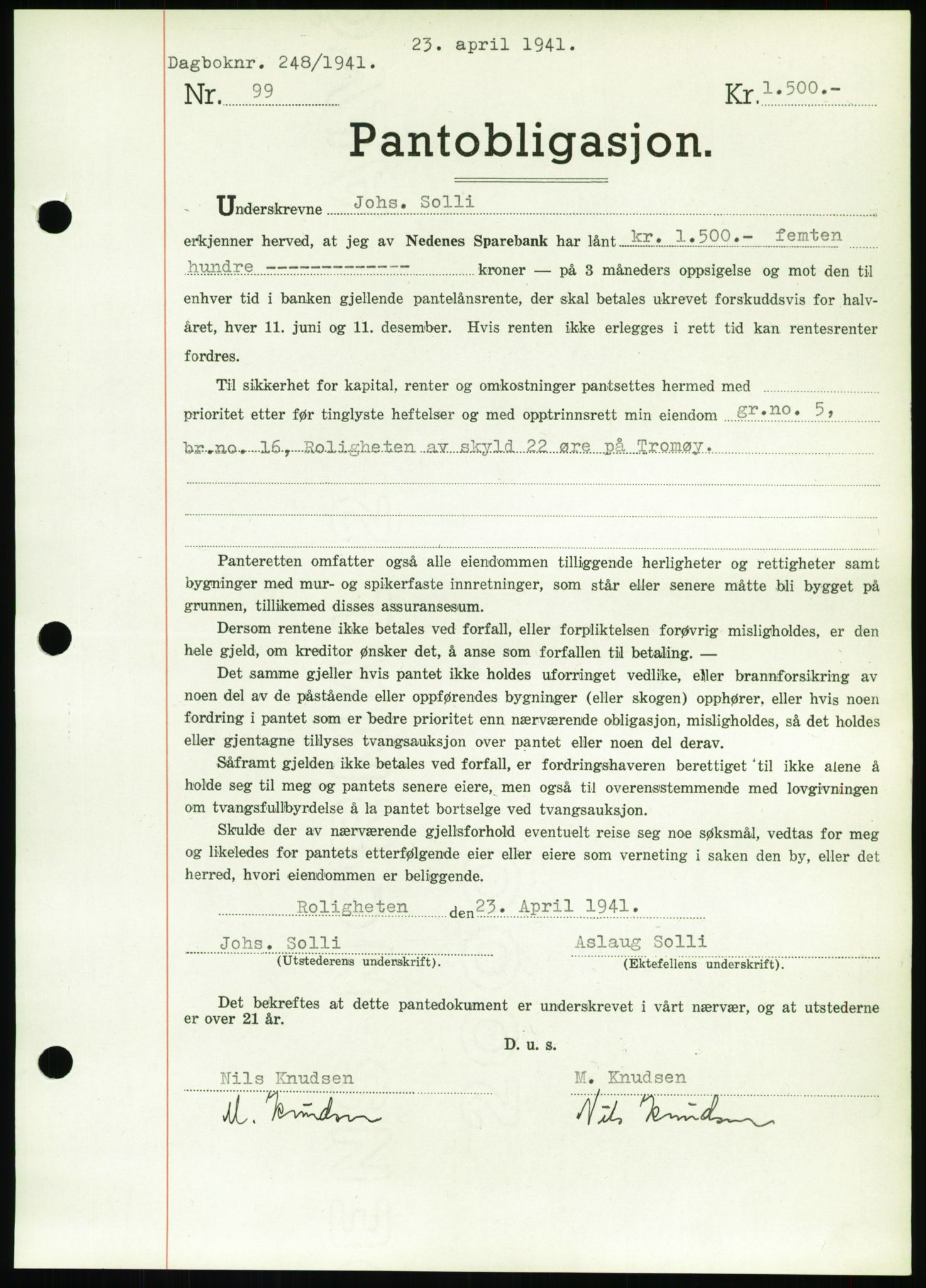 Nedenes sorenskriveri, SAK/1221-0006/G/Gb/Gbb/L0001: Pantebok nr. I, 1939-1942, Dagboknr: 248/1941