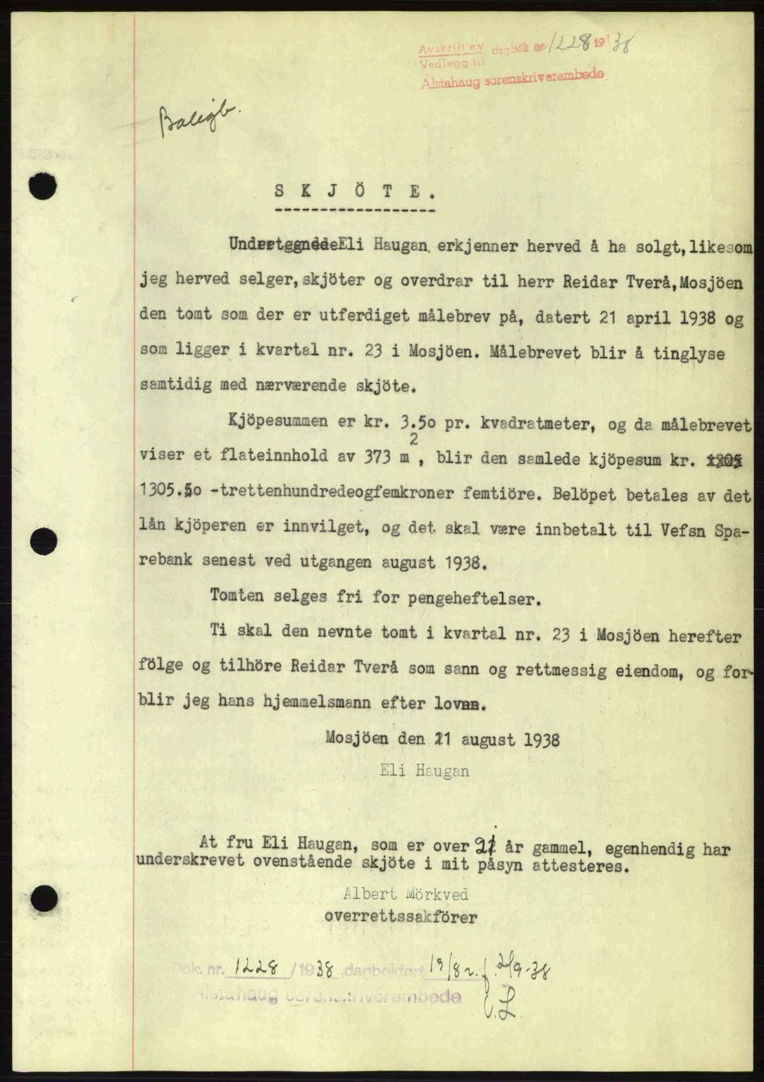 Alstahaug sorenskriveri, SAT/A-1009: Pantebok nr. A3, 1937-1938, Dagboknr: 1228/1938