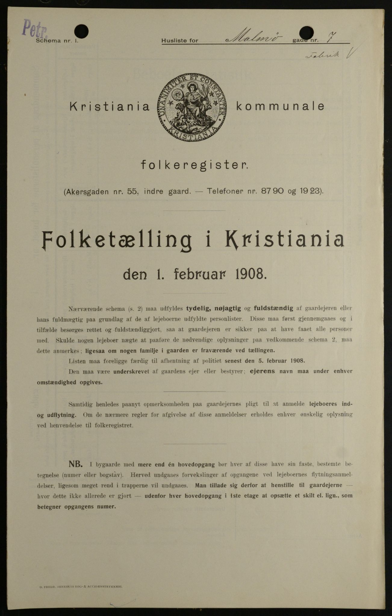 OBA, Kommunal folketelling 1.2.1908 for Kristiania kjøpstad, 1908, s. 53765