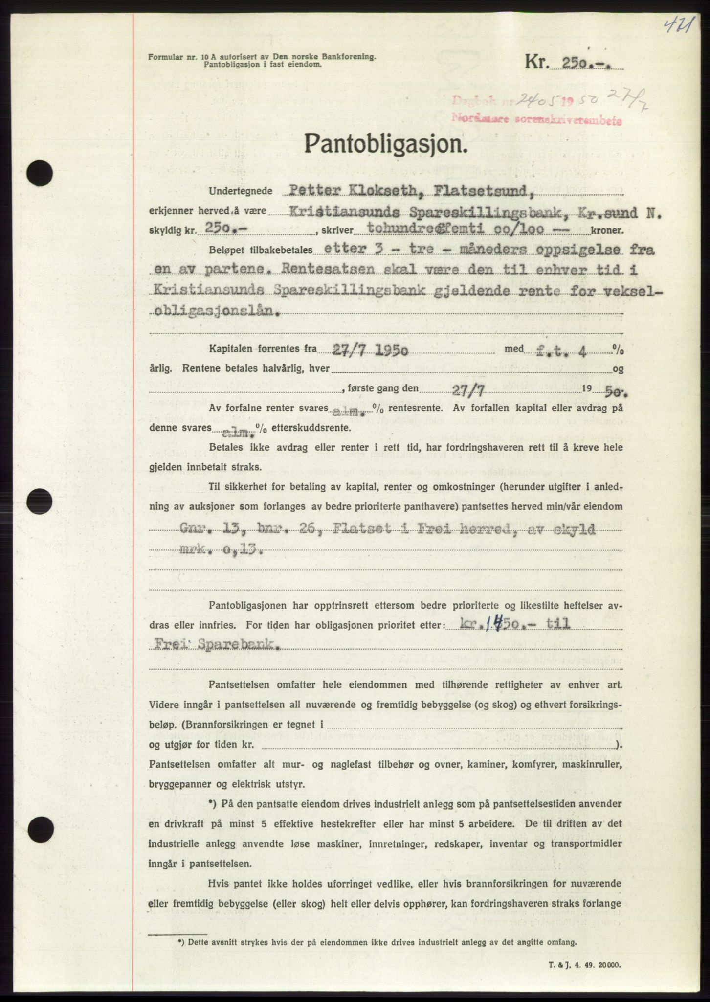 Nordmøre sorenskriveri, AV/SAT-A-4132/1/2/2Ca: Pantebok nr. B105, 1950-1950, Dagboknr: 2405/1950