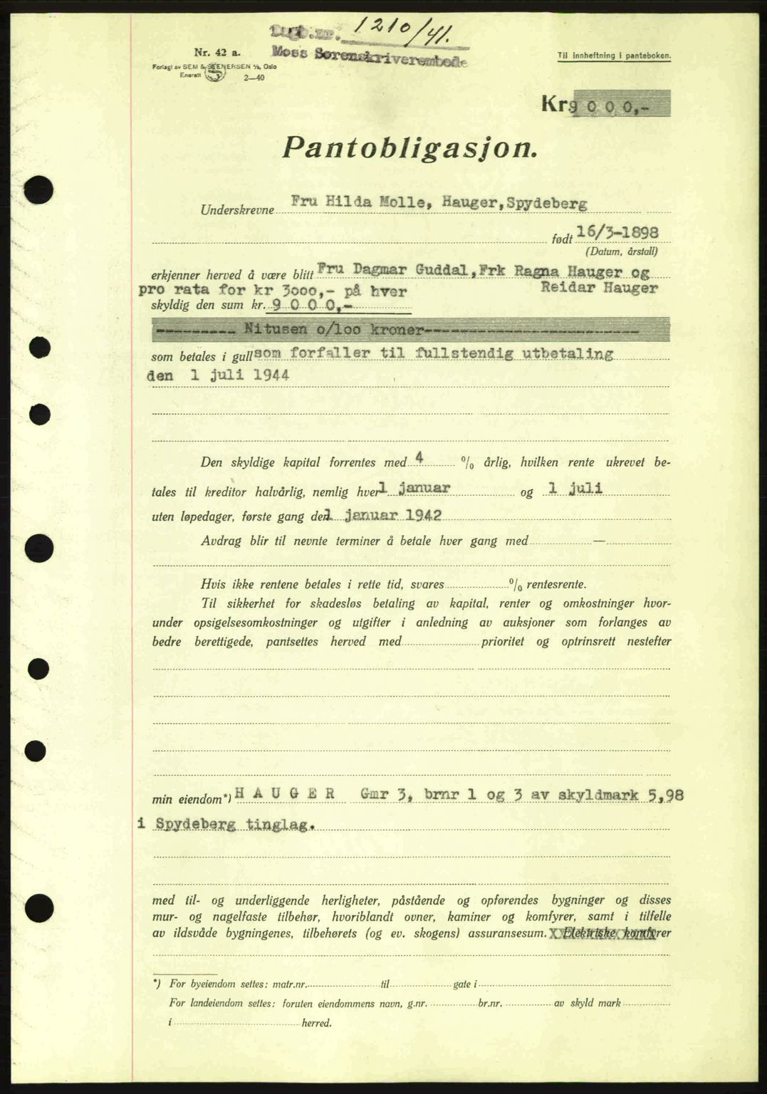 Moss sorenskriveri, SAO/A-10168: Pantebok nr. B10, 1940-1941, Dagboknr: 1210/1941