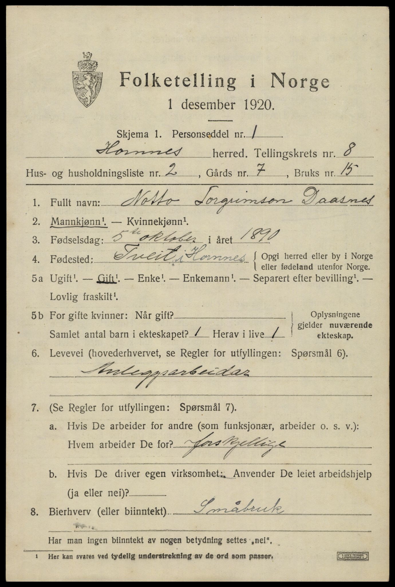 SAK, Folketelling 1920 for 0936 Hornnes herred, 1920, s. 1787