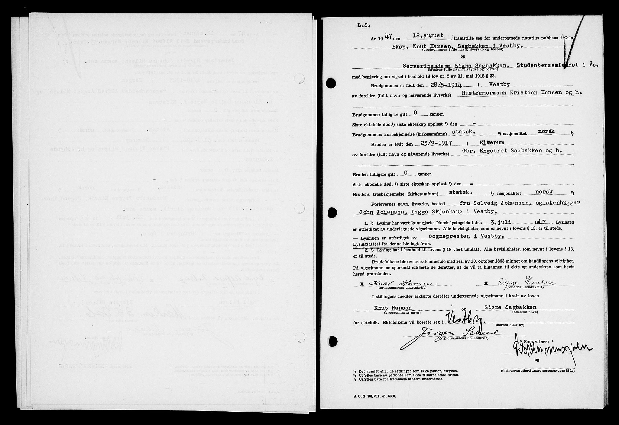 Oslo byfogd avd. I, SAO/A-10220/L/Lb/Lbb/L0059: Notarialprotokoll, rekke II: Vigsler, 1947