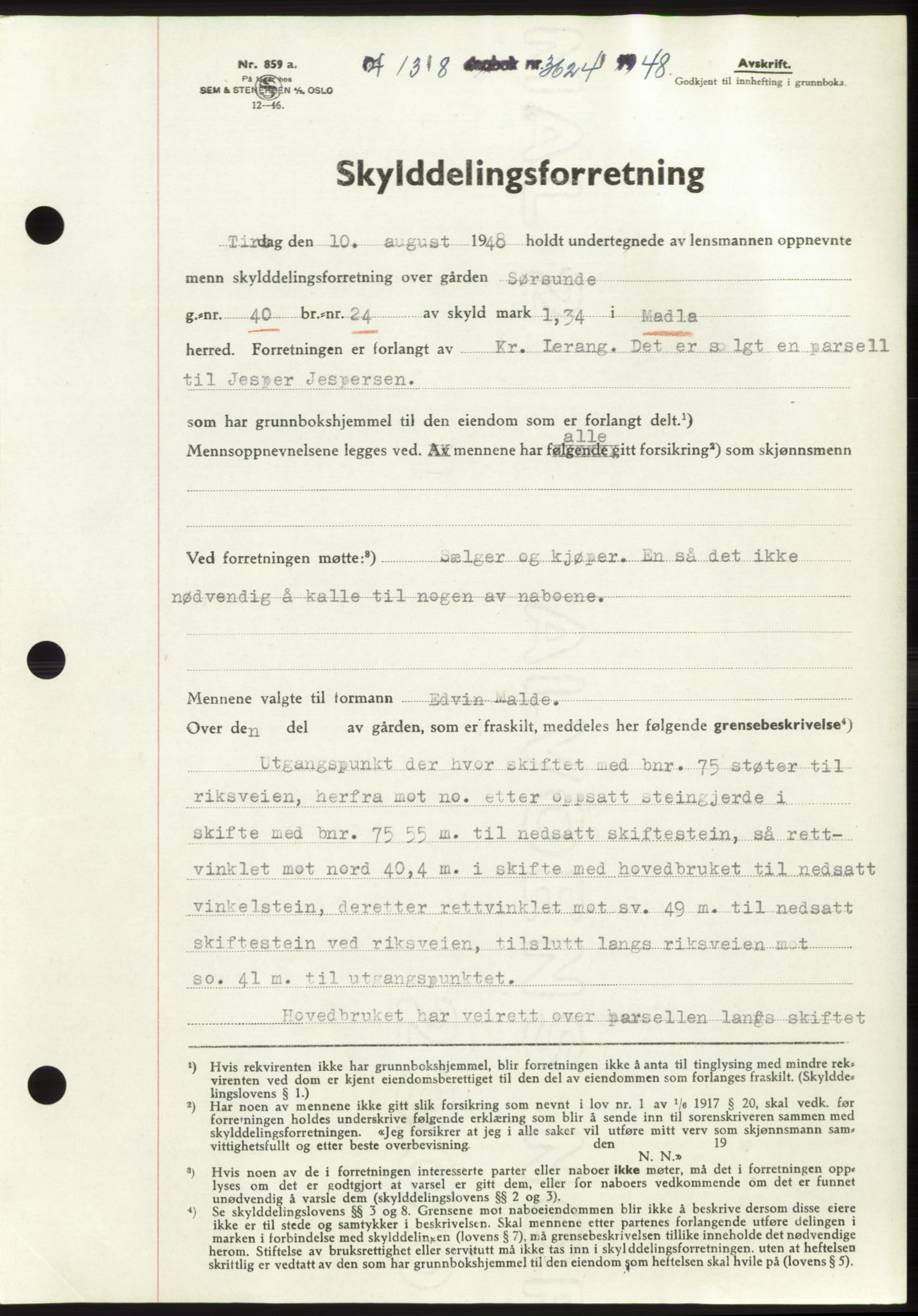 Jæren sorenskriveri, SAST/A-100310/03/G/Gba/L0099: Pantebok, 1948-1948, Dagboknr: 3624/1948