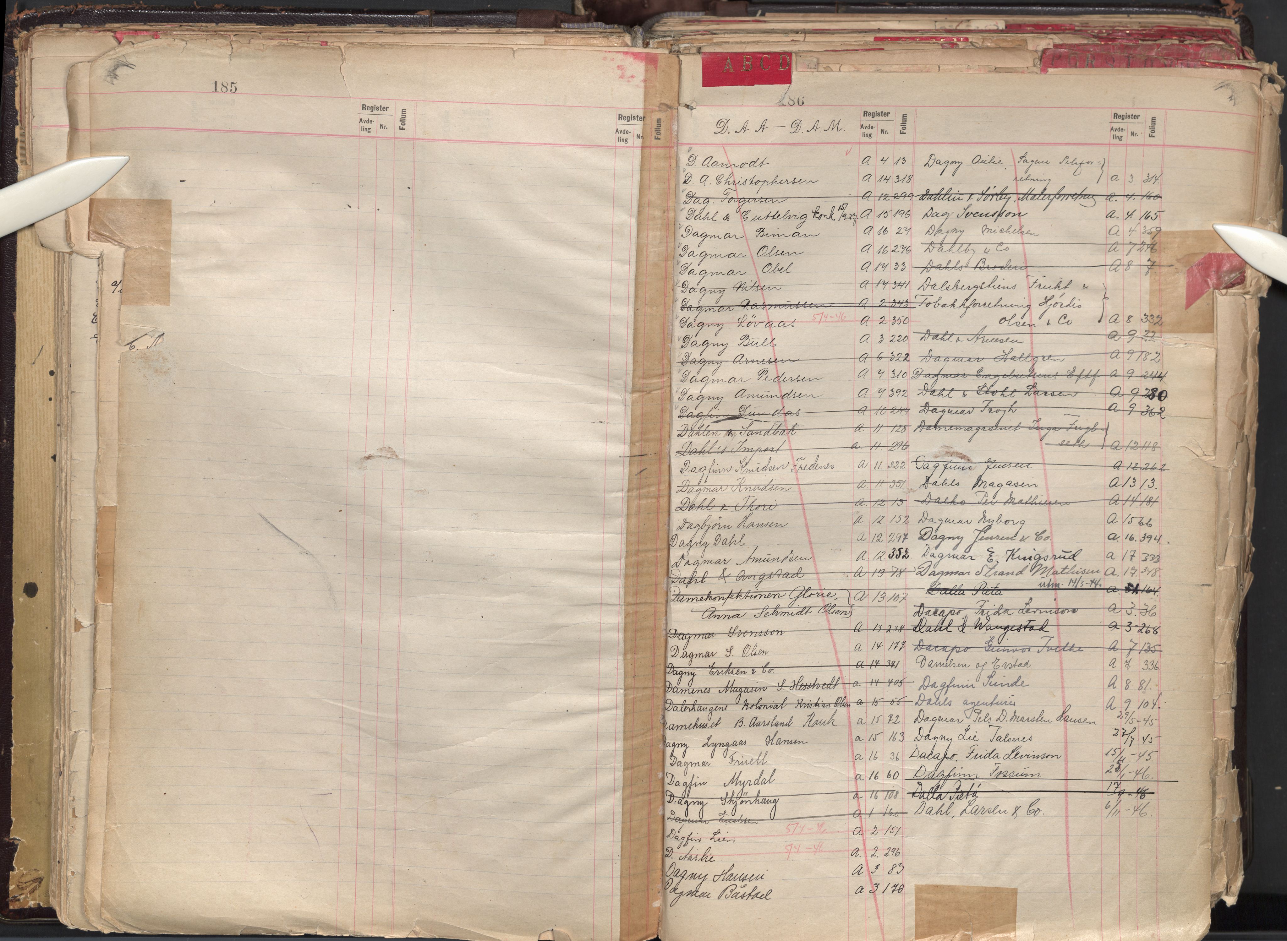 Oslo byfogd avd. II, AV/SAO-A-10942/G/Ga/Gaa/L0004: Firmaregister: A 1-17, ansvarlige firmaer, s. 185-186